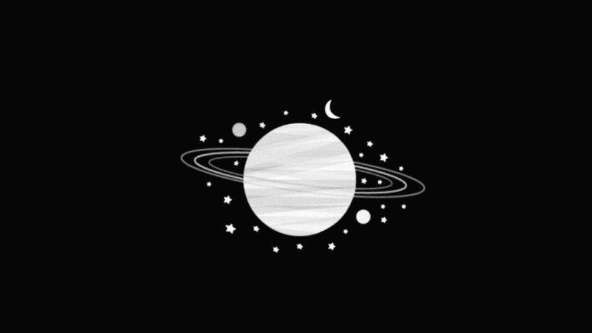 土星星際黑調風 Tumblr 電腦壁紙 壁紙 — 一個極簡黑白插圖，描繪一顆帶環行星，周圍環繞星星和彎月，背景為黑色虛空。