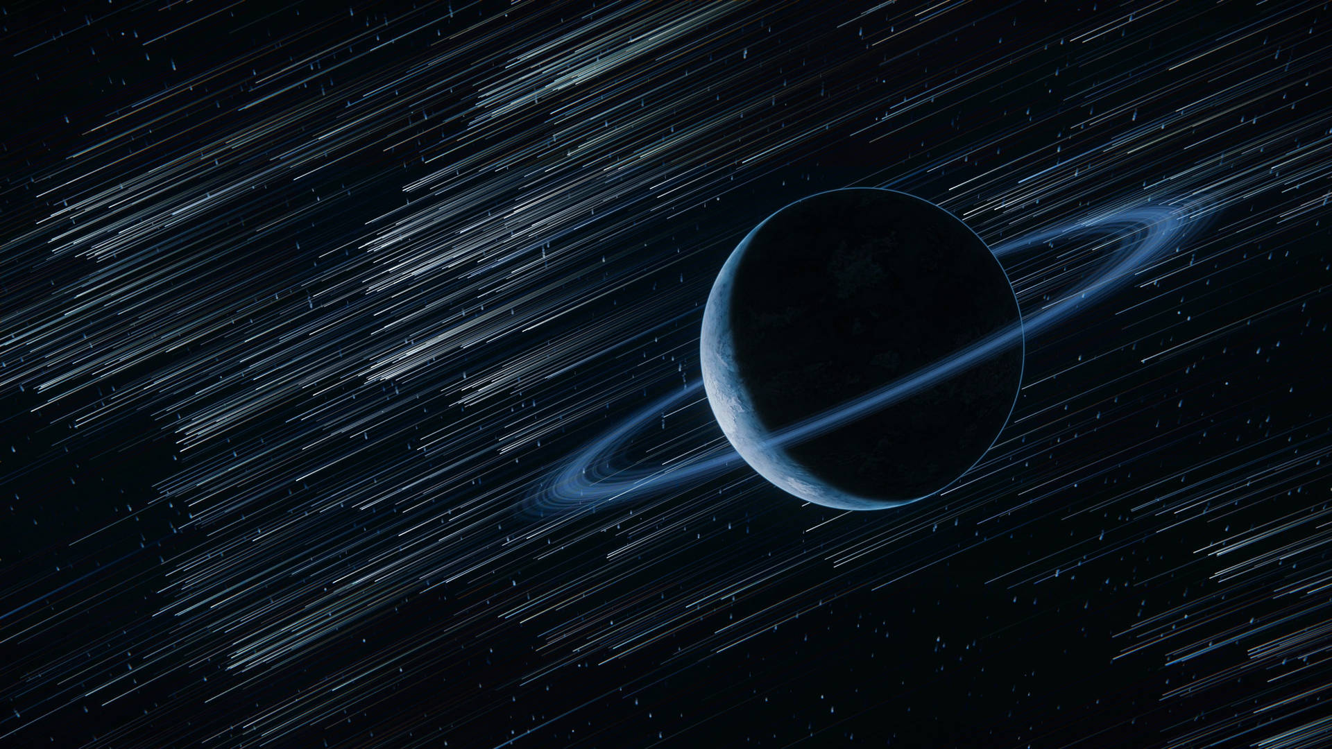 行星帶有發光環，在動態模糊的星場中移動