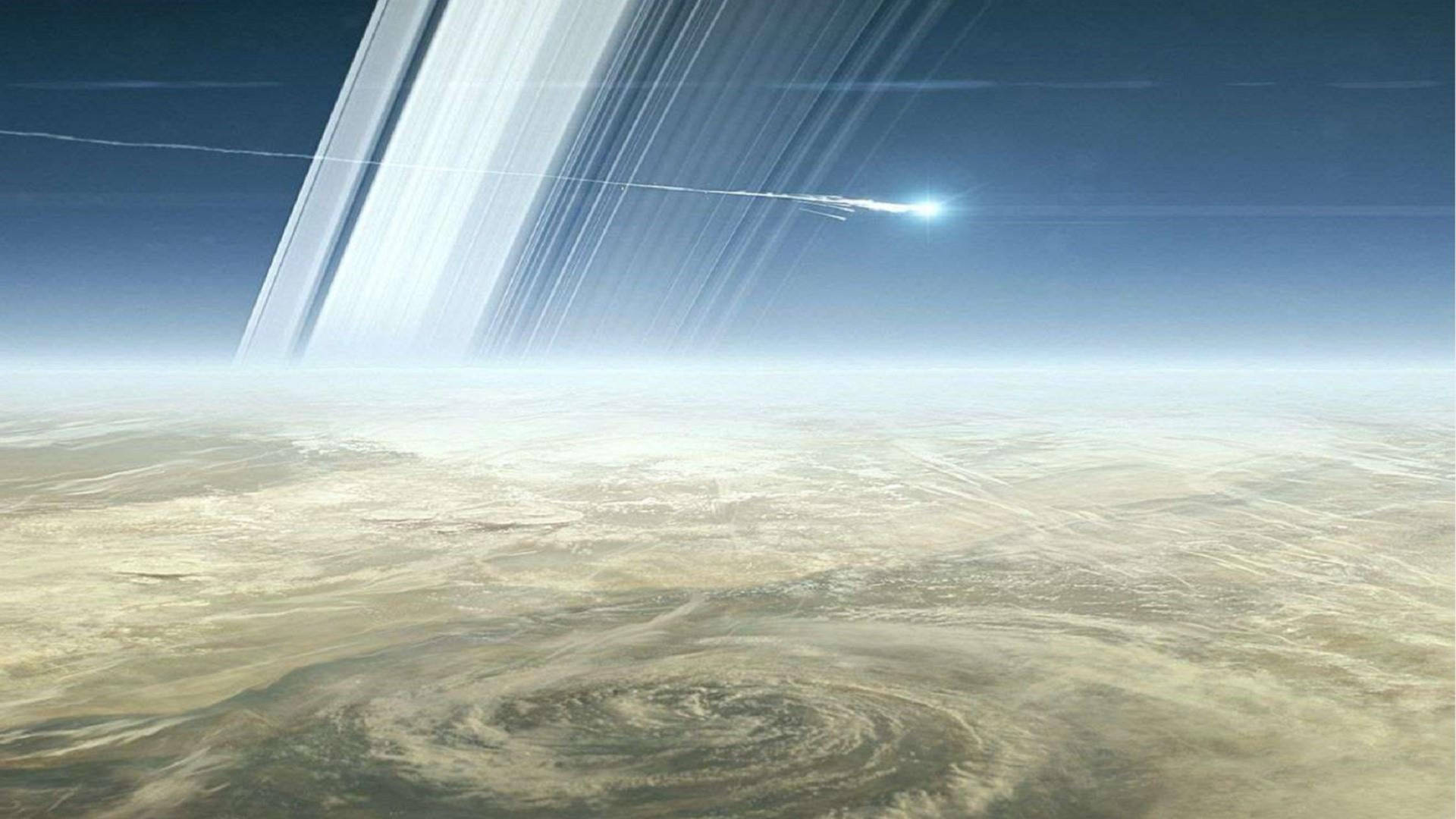 一道宇宙射線劃過沙漠行星的大氣層，伴隨著明亮的光束。