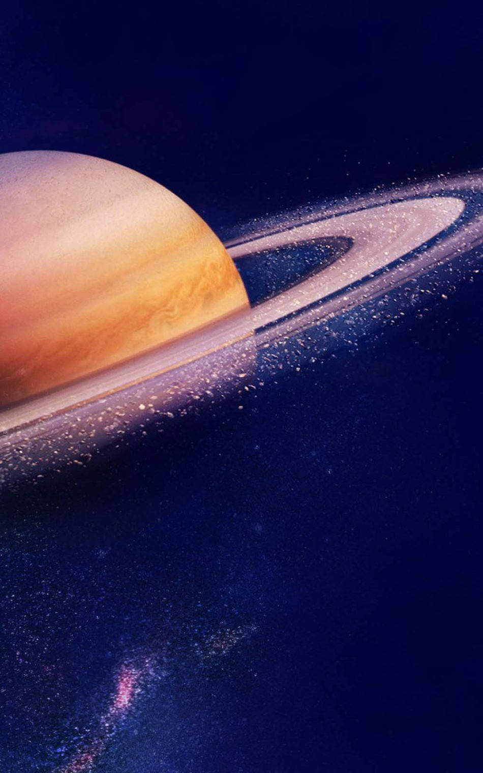 土星在深空中發光的光環，背景是星空藍色。