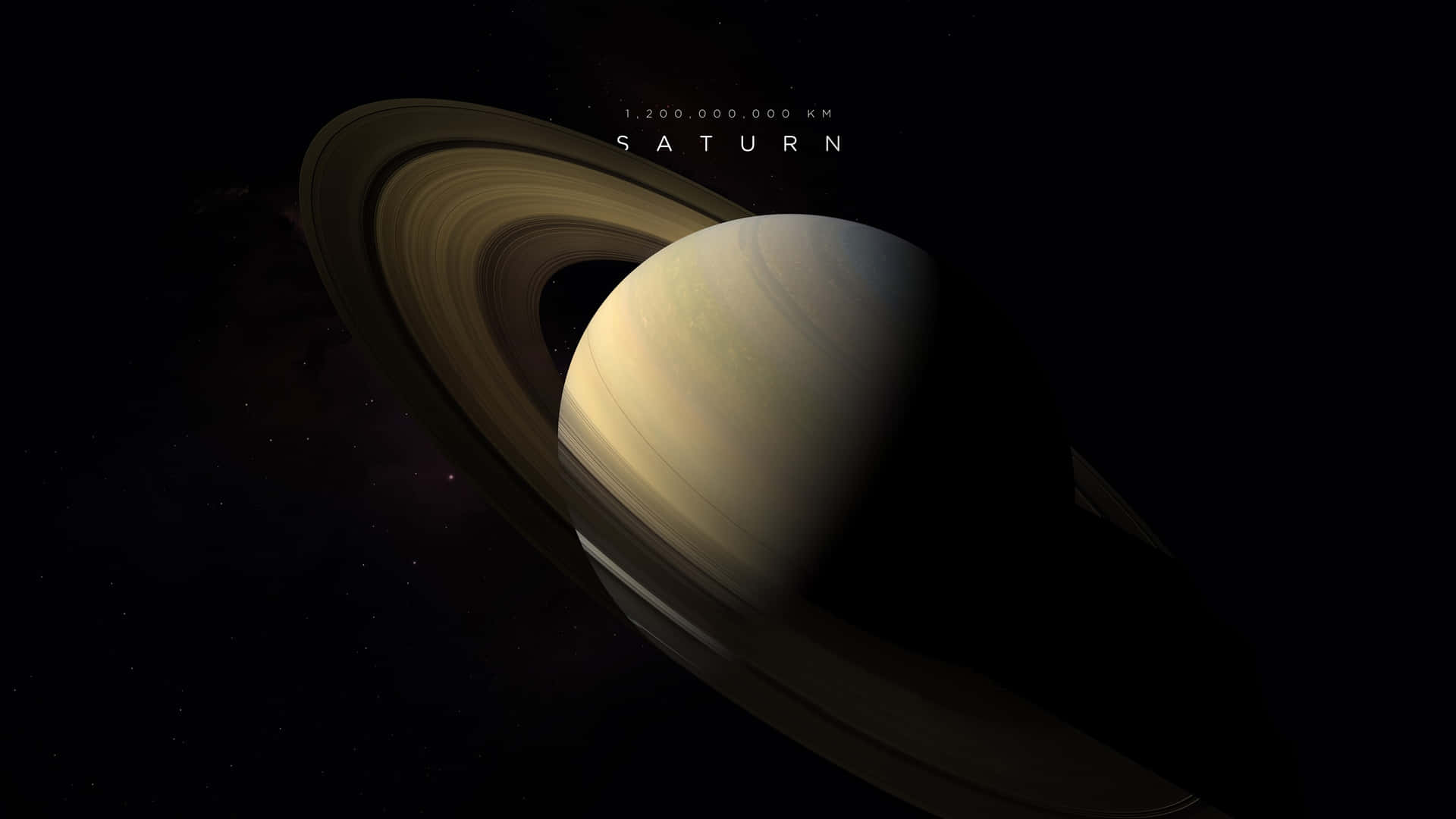 深空中的土星及其光環，帶有距離文字疊加