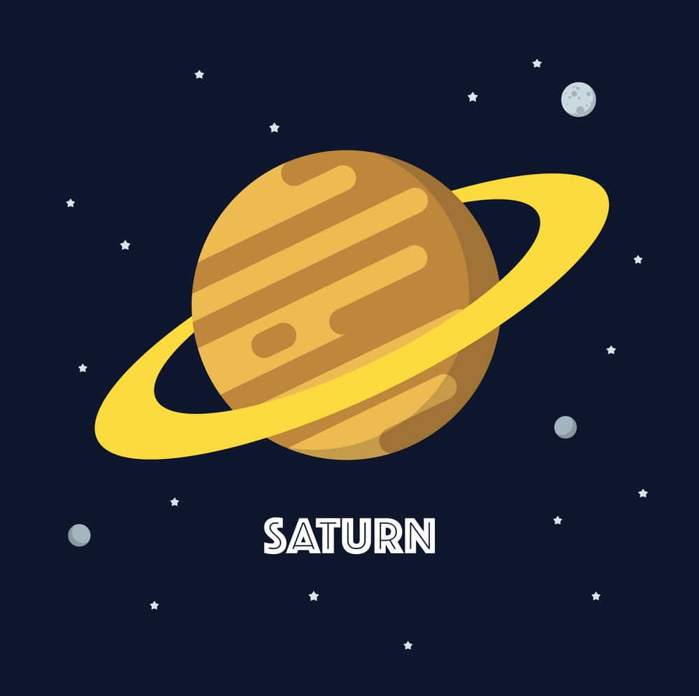 土星 桌布 壁紙 — 土星的平面向量插圖，帶有其標誌性的黃色環，背景是繁星點點的深藍色太空。