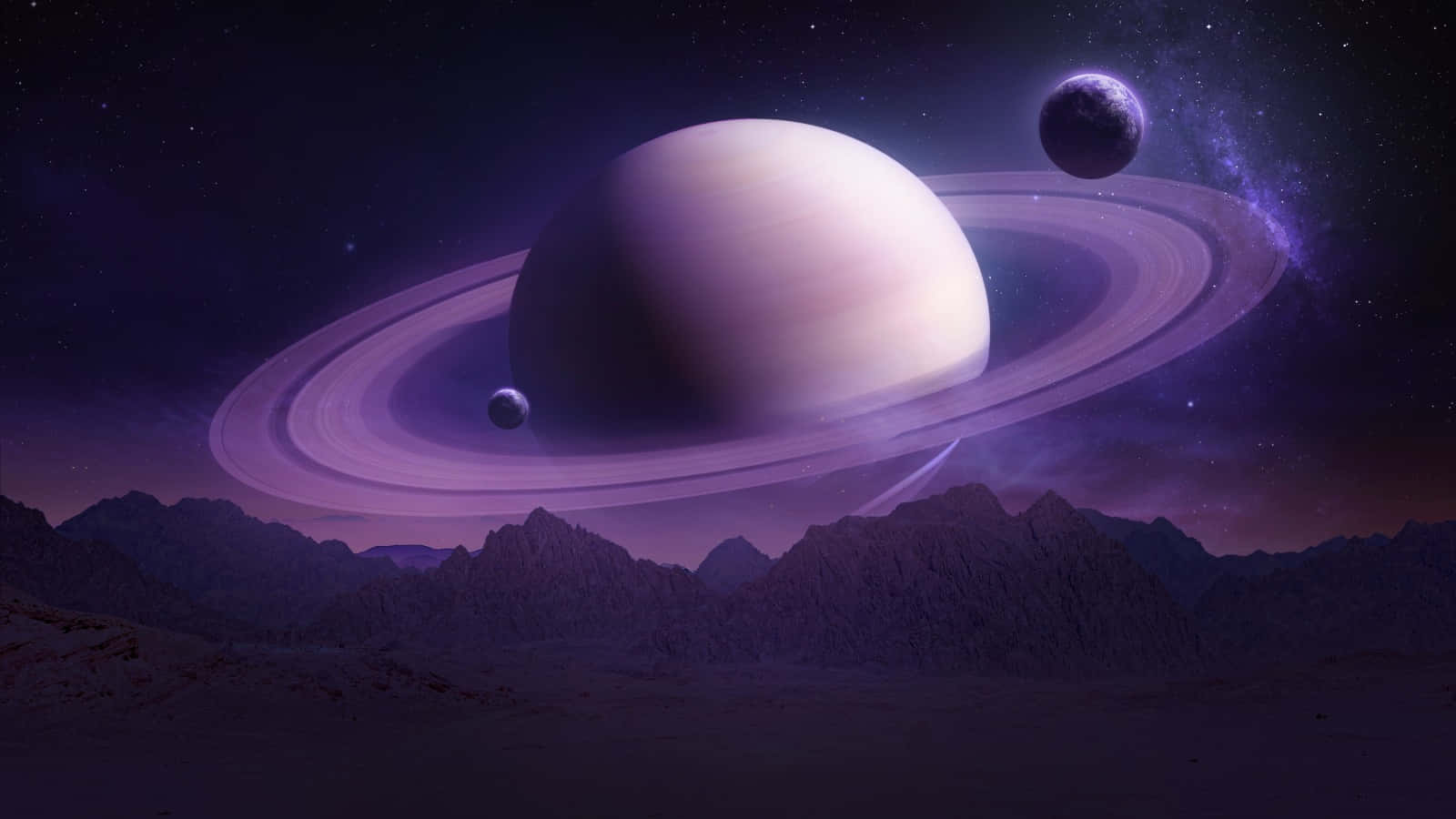 紫色環狀行星在星空下從外星山脈升起。