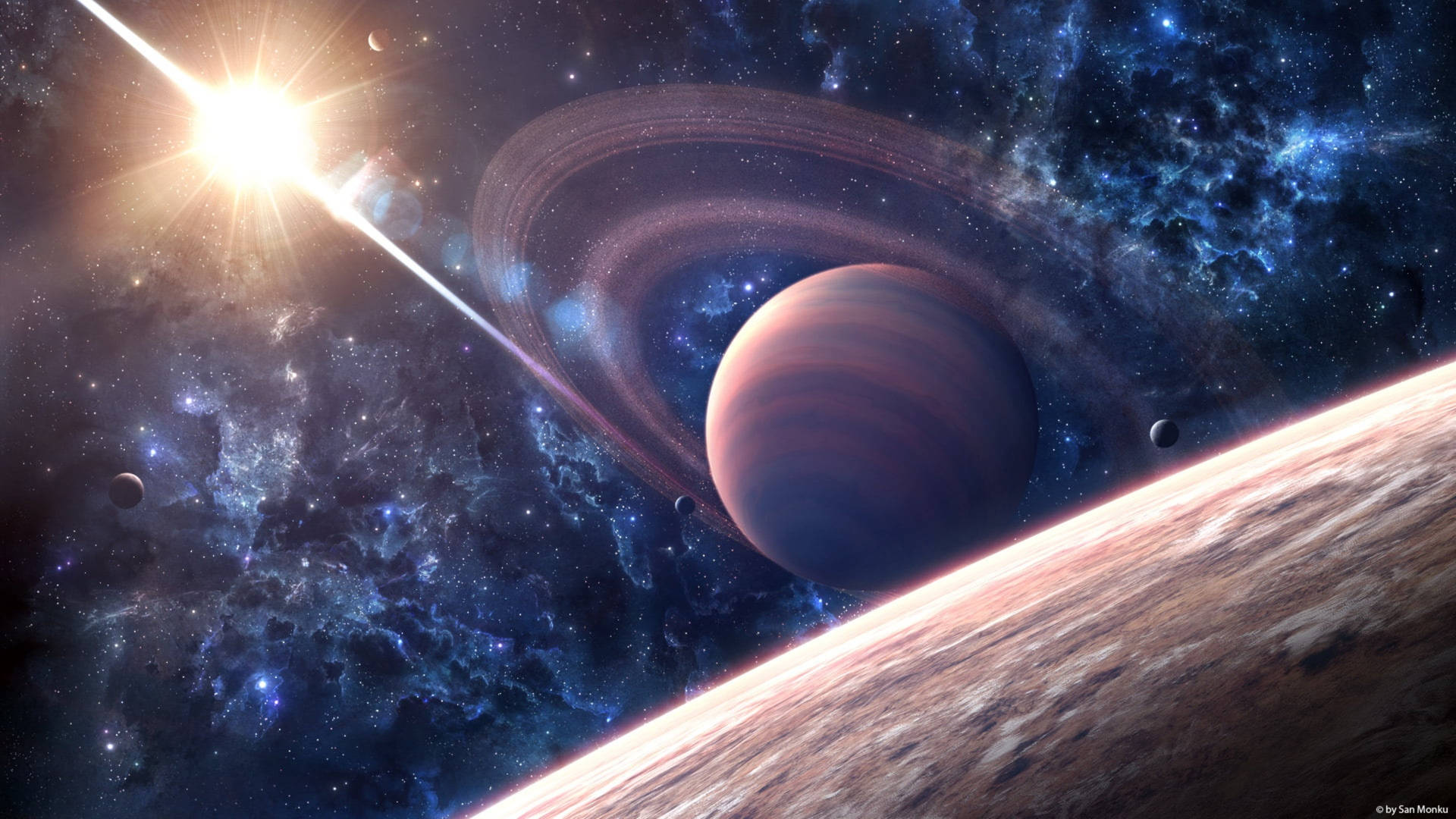 一顆帶光環的行星在明亮的恆星下，在色彩繽紛的星雲和漂浮的衛星中閃耀。