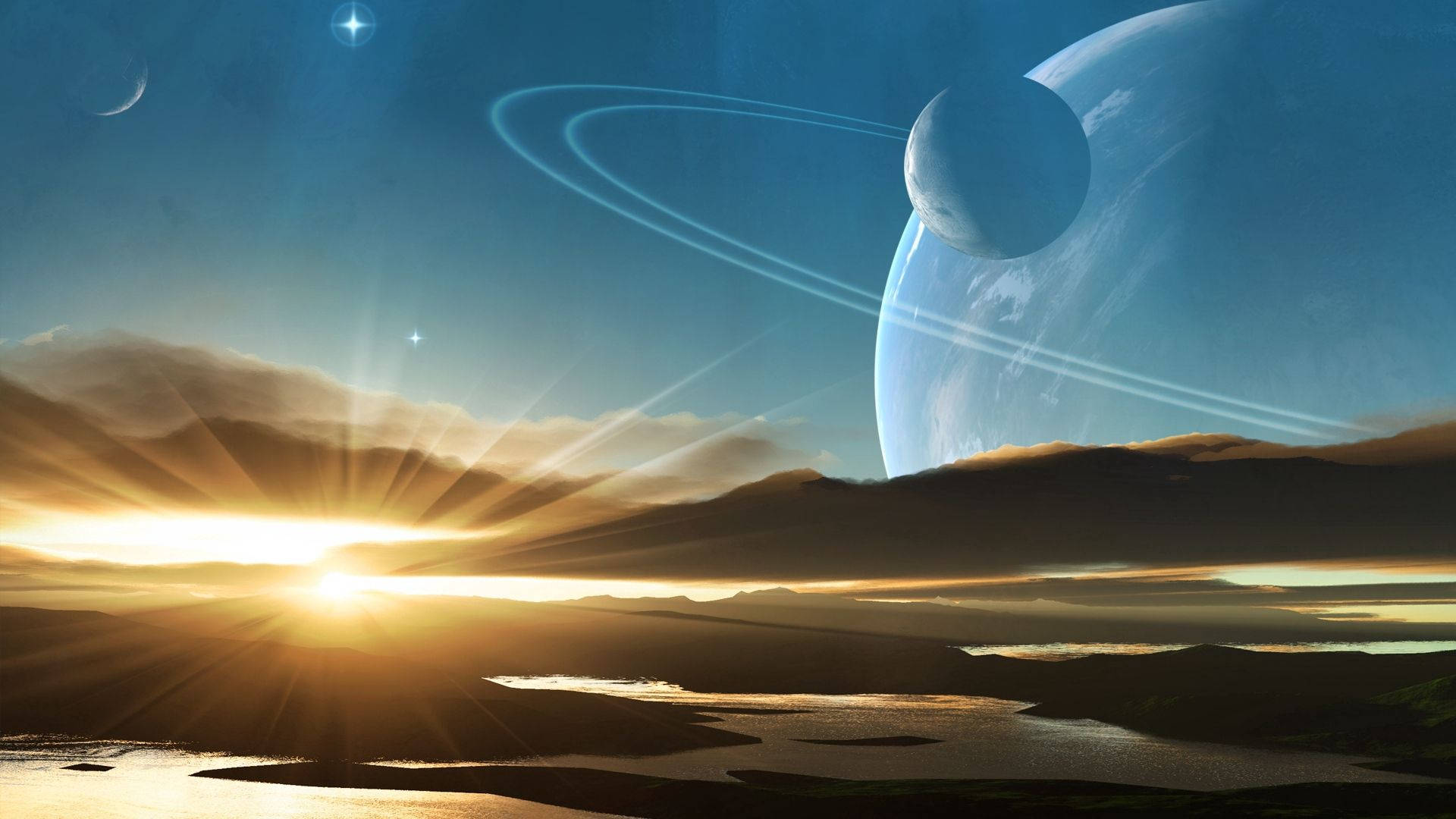 日出時的外星景觀，天空中有一個巨大的環狀行星。