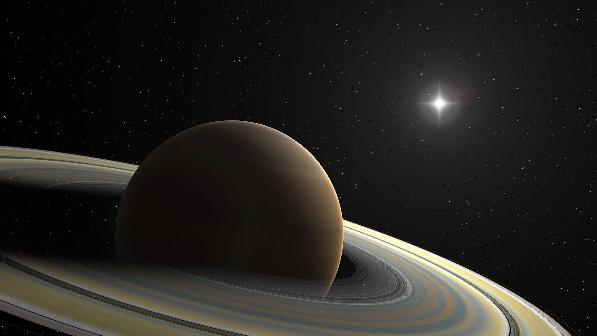一顆被遙遠恆星照亮的環狀行星，位於深空。
