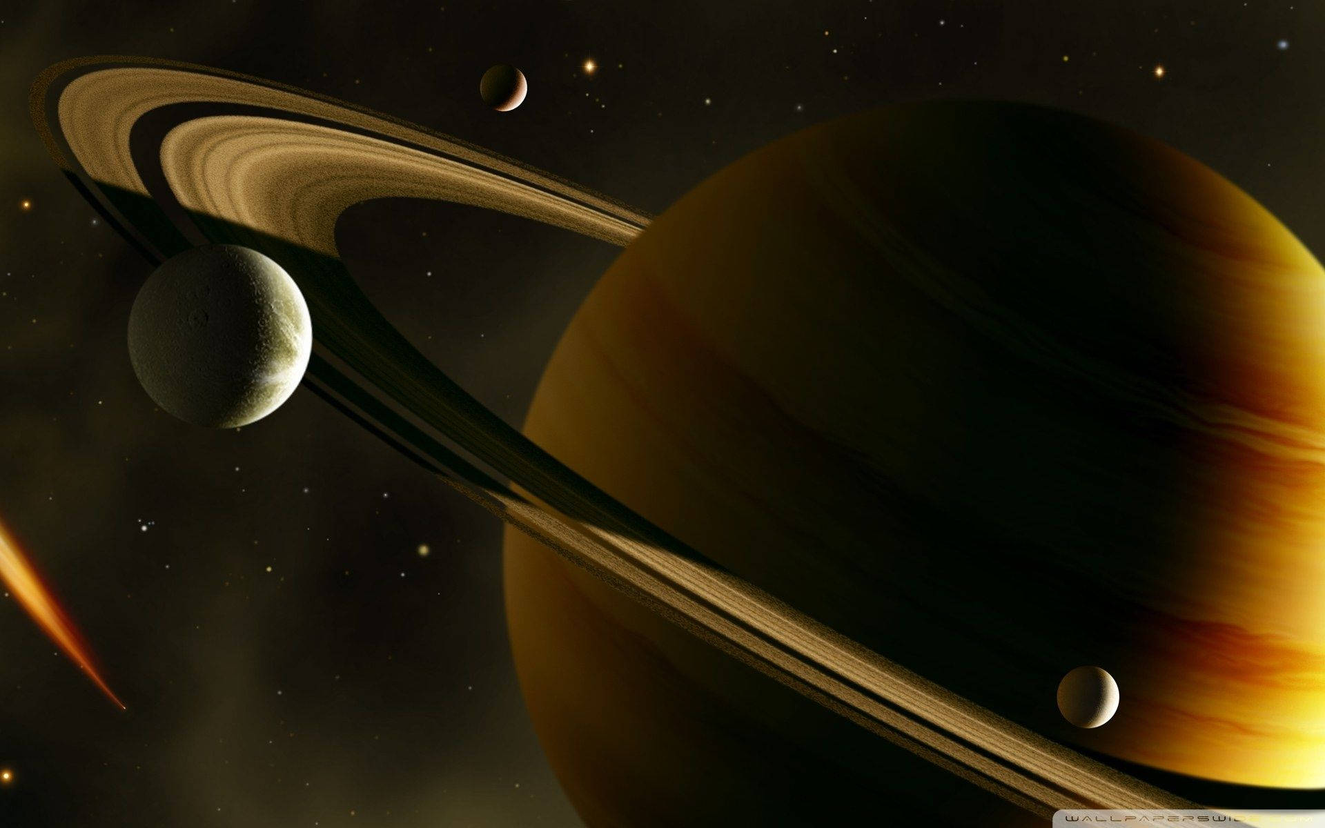 在深空中，一顆發光的環狀行星，帶有衛星和星星。 — 土星 壁紙