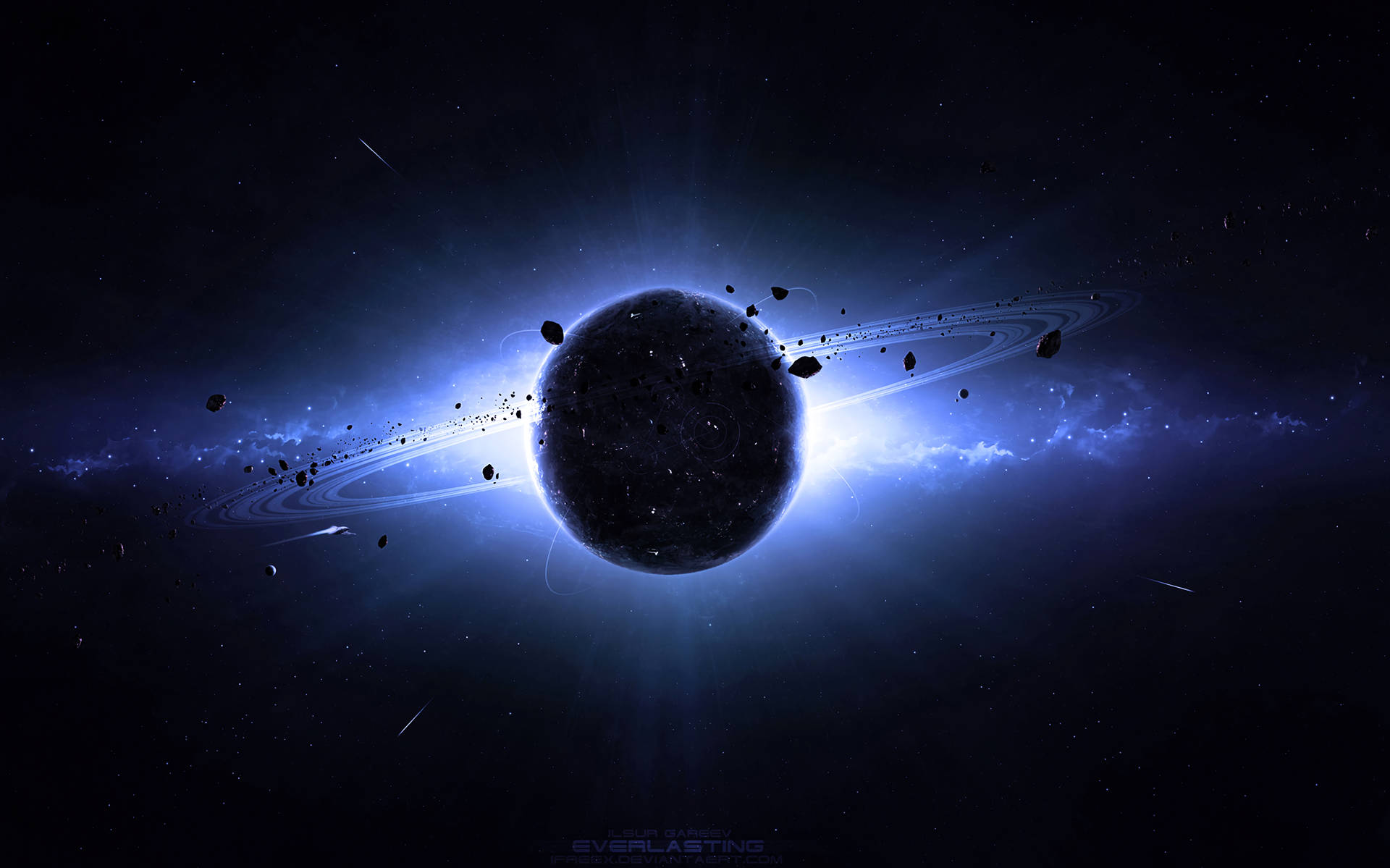 深空中一顆帶有環和小行星的藍色發光行星。 — 土星 壁紙