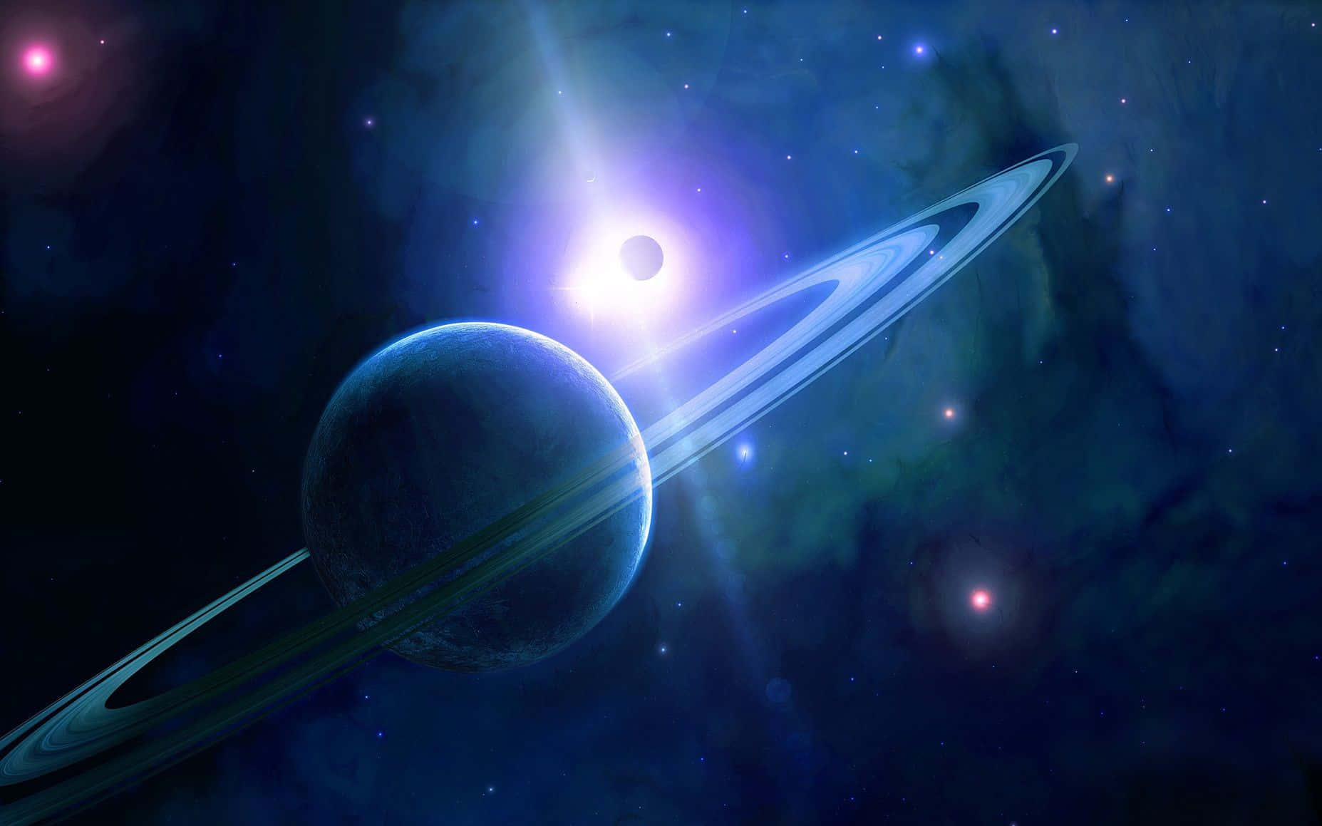 土星與紫星的天體背景 壁紙 — 一顆宏偉的環狀行星在宇宙星雲中，於一顆璀璨恆星下發光，星雲充滿了旋轉的藍色和紫色。