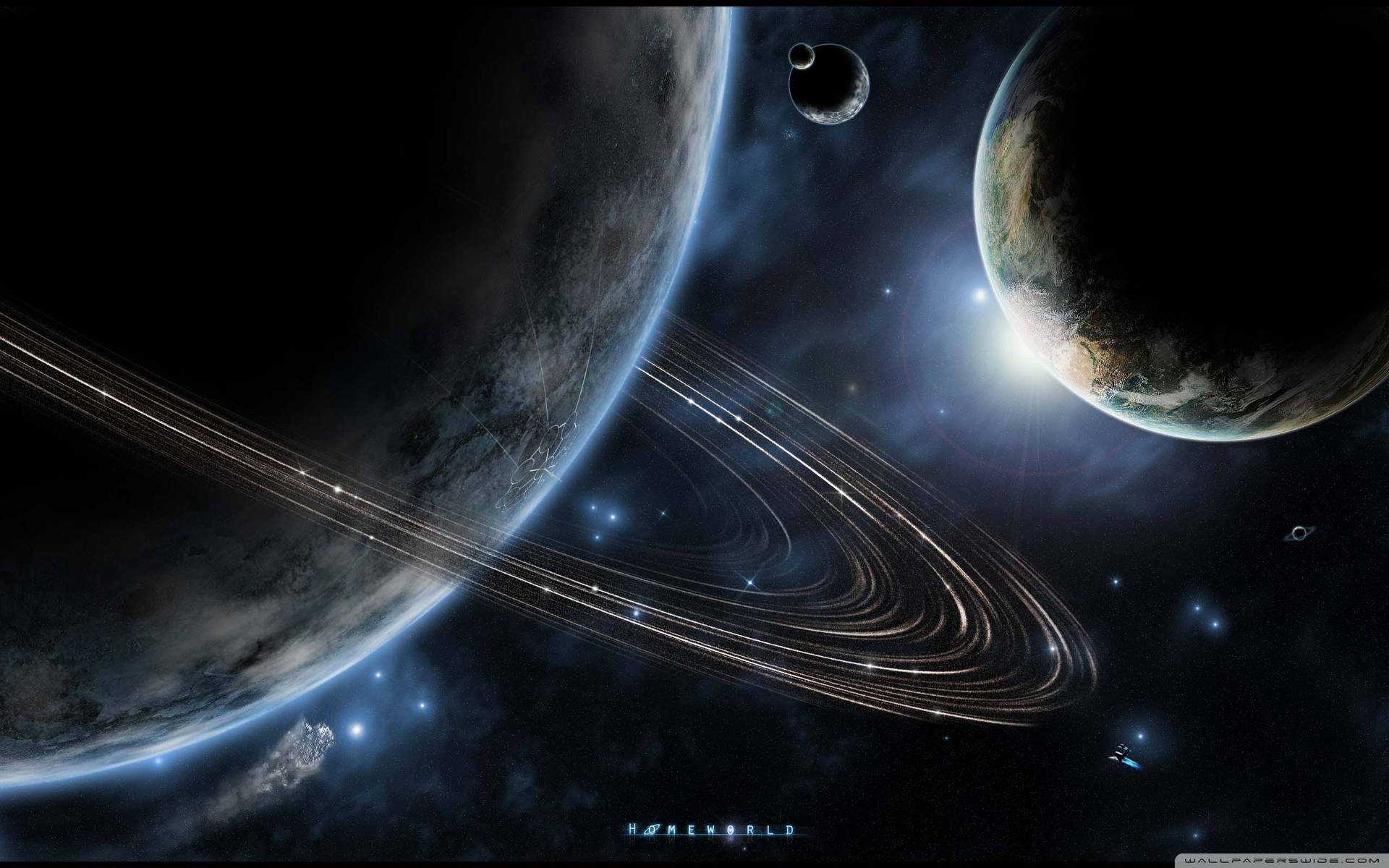 兩個有環的行星和一個月亮在深空中，有星星和一艘小船。