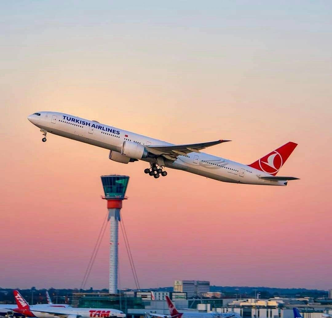 土耳其航空飛機在機場塔附近日落時起飛