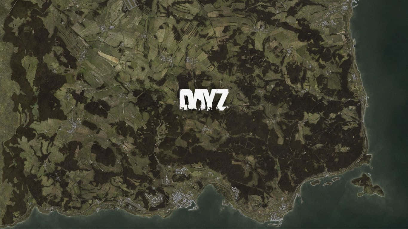 沿海地區的衛星地圖，包含森林和城鎮，並顯示遊戲標題 DAYZ。