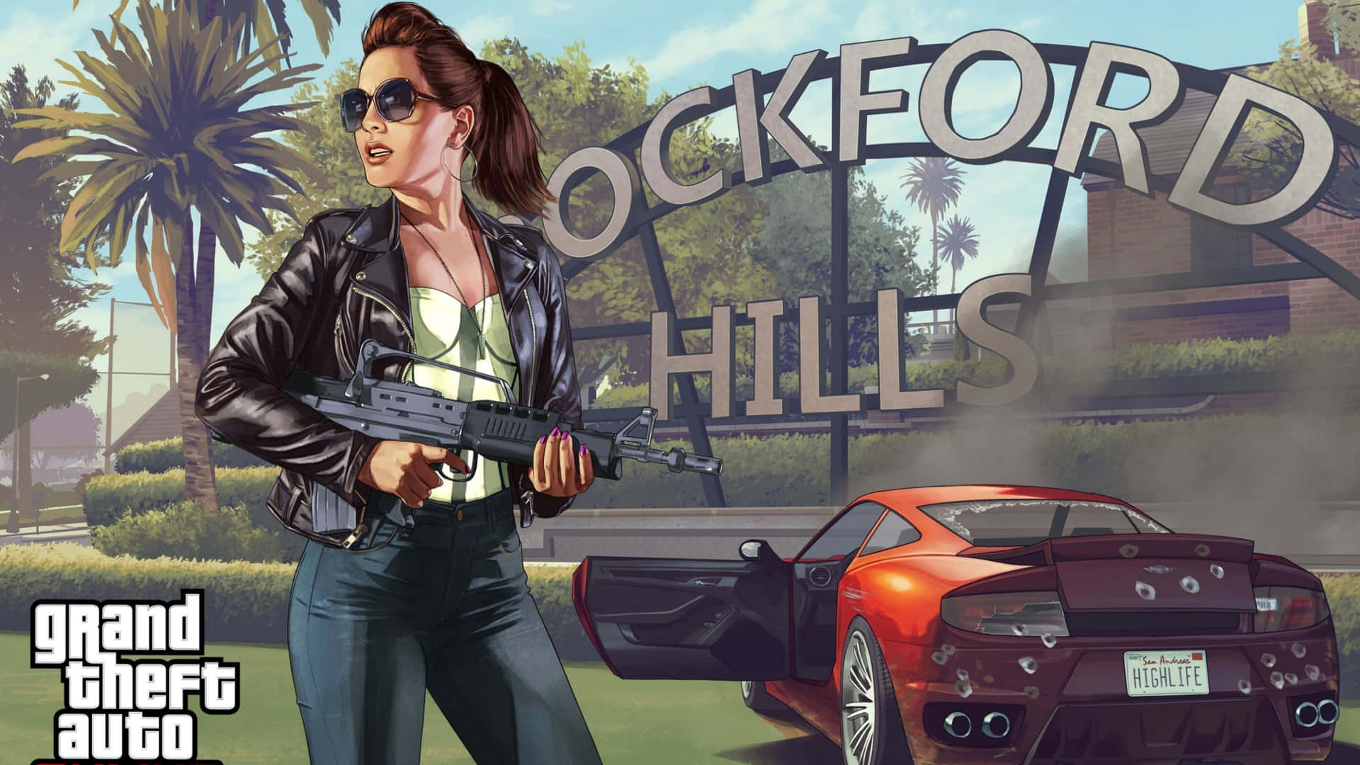 喺Rockford Hills遊戲場景中，一個女人揸住步槍企喺損壞嘅紅色跑車旁邊。