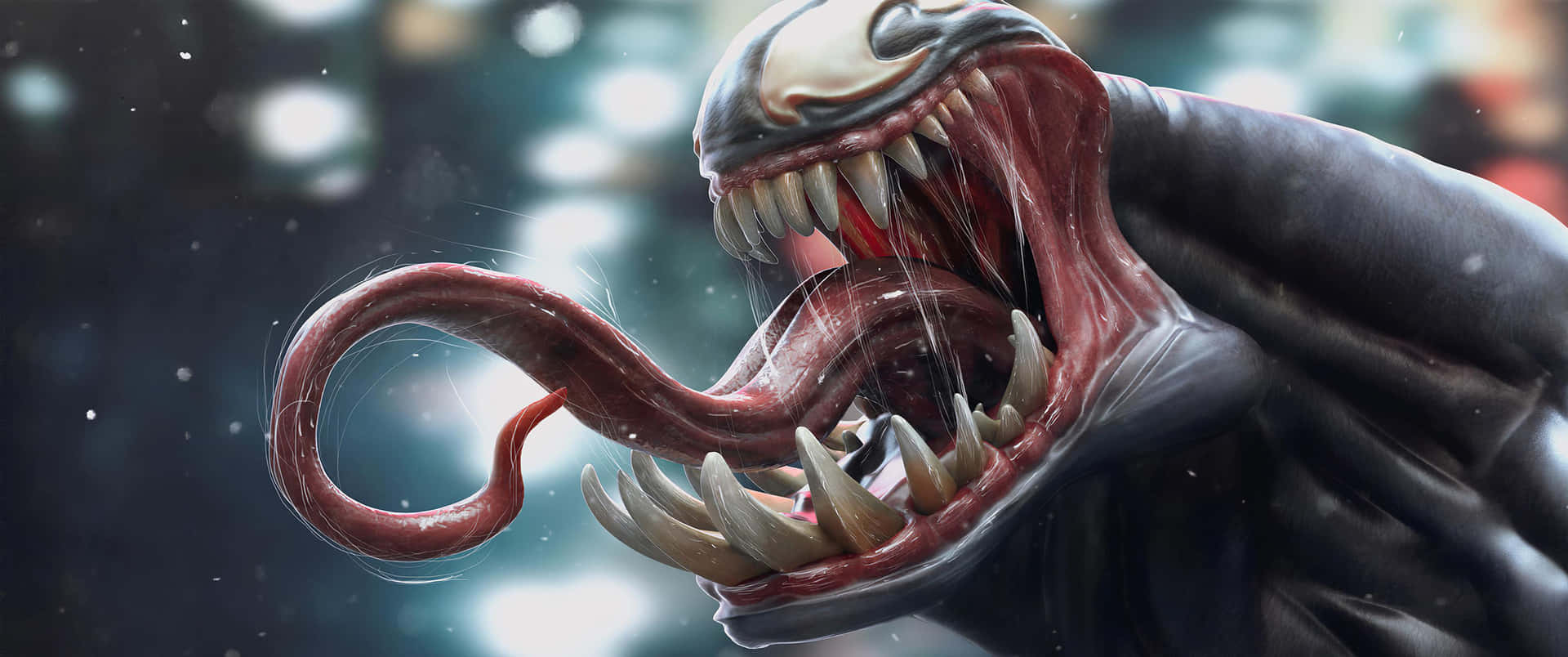 Venom 喺黑暗嘅城市夜晚中張開嘴露出獠牙。