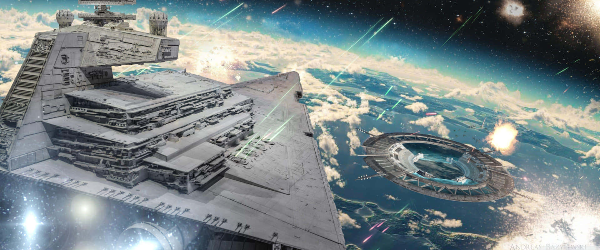 星際驅逐艦在行星上空戰鬥，伴有激光火線和爆炸。