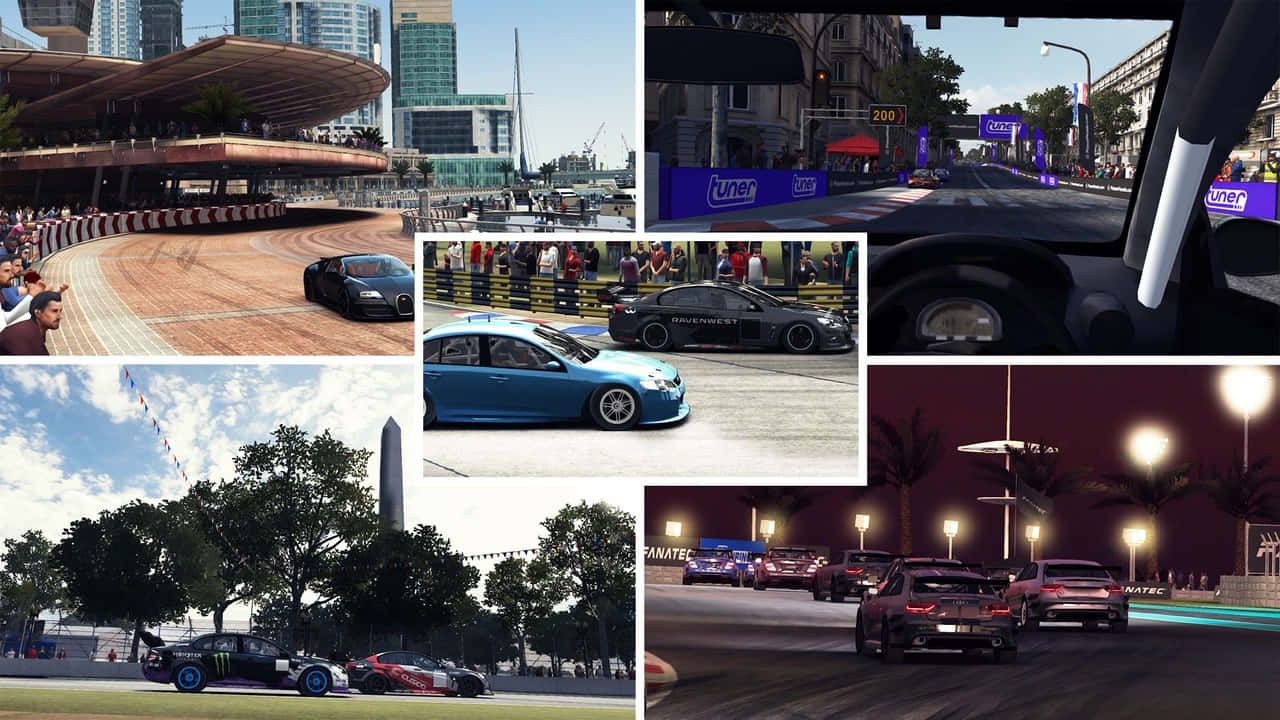 在 720p《Grid Autosport》中感受賽車的刺激 壁紙 — 一個動態的賽車場景拼貼，以時尚的汽車在城市和賽道電路上，在明亮的日光和發光的夜燈下。