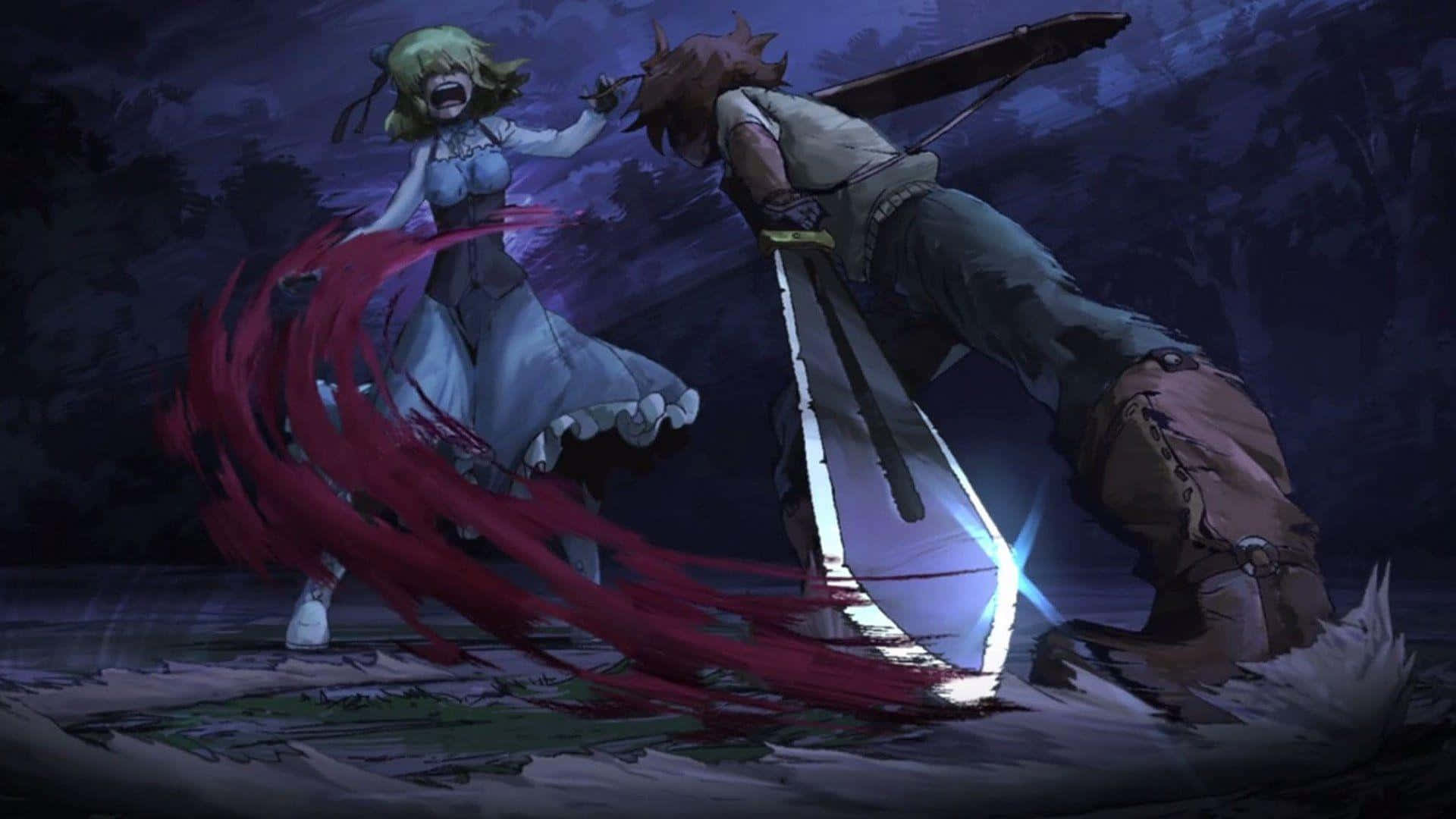 在《Akame Ga Kill》的黑暗與混亂世界中，為正義而戰 壁紙 — 一個動態的動漫戰鬥場景，金髮女子在夜晚的森林中揮舞發光的劍對抗深色頭髮的戰士。