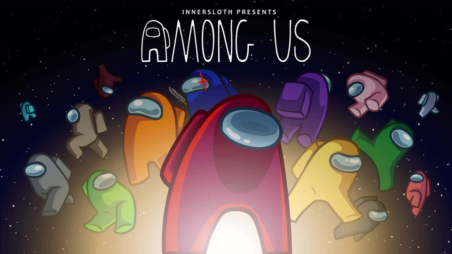 Among Us角色在太空中漂浮，背後有星星和發光的光線。