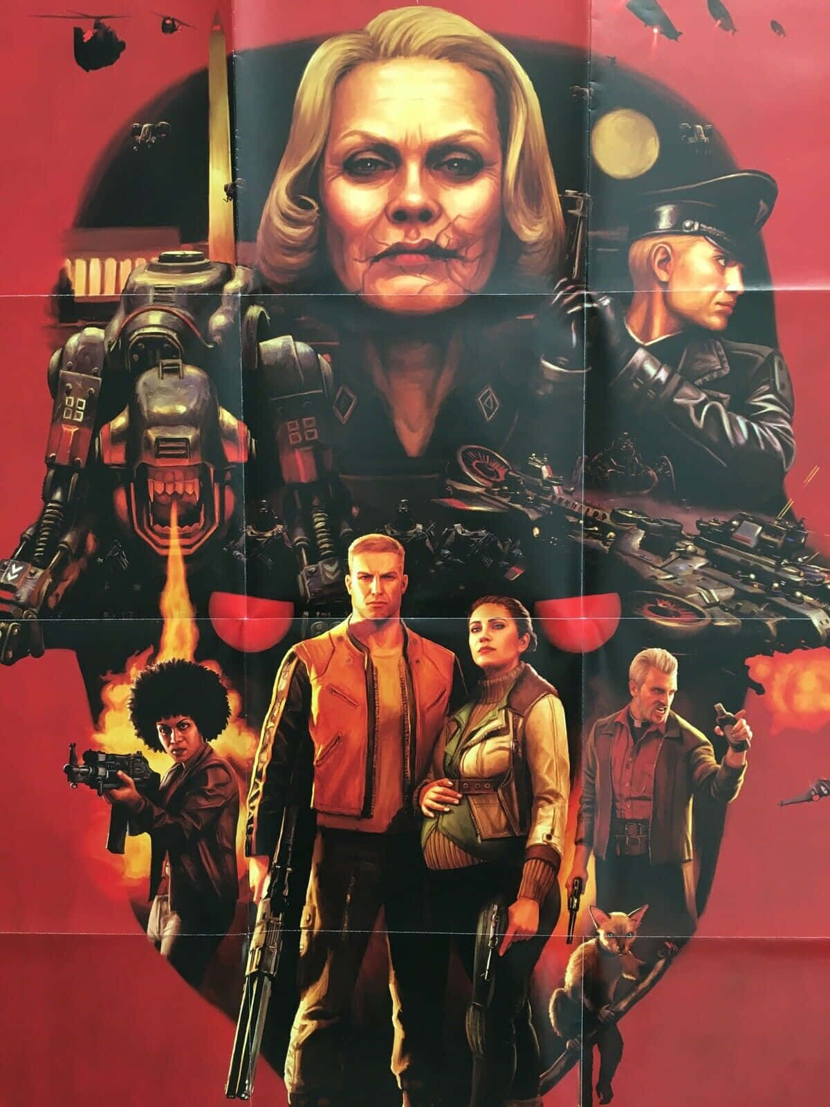 在 Android 上享受數小時的激烈動作《Wolfenstein II》 壁紙 — 一張戲劇性的科幻海報，描繪一位嚴肅的金髮女子、士兵和一個機械生物，背景是火紅色的。
