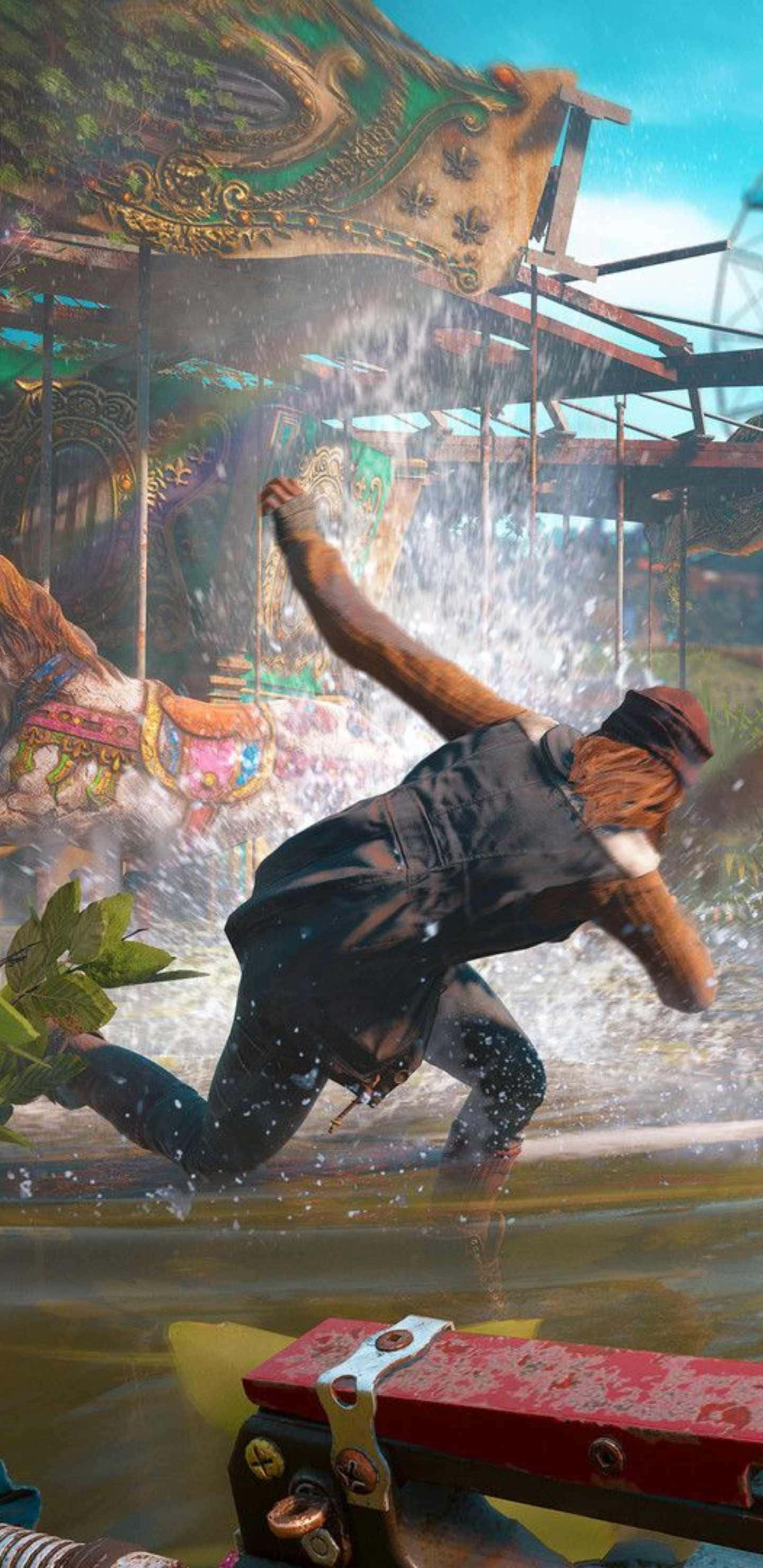 在 Android 上探索《Far Cry New Dawn》的末日世界 壁紙 — 一個身穿深色服裝的角色在一個破舊華麗的旋轉木馬下跳過飛濺的水花，場景充滿活力且陽光普照。