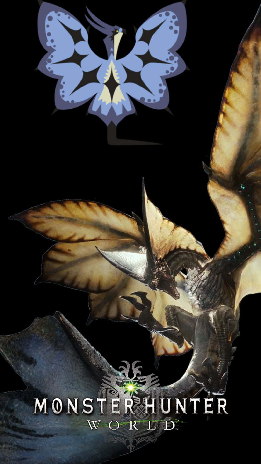 一隻金翼怪物在Monster Hunter World中飛翔，上方有一個藍色蝴蝶標誌。