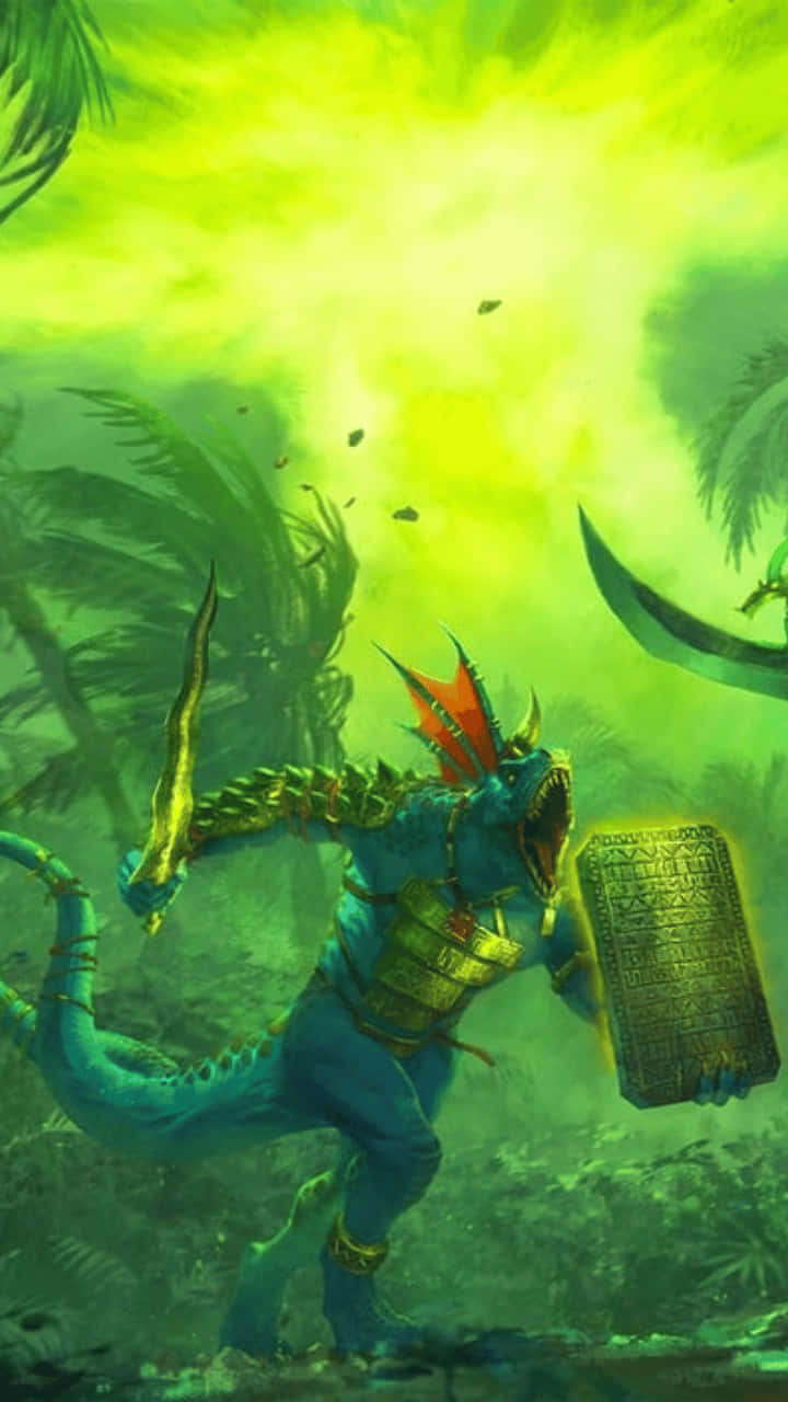 在 Android 上體驗「Total War」戰略遊戲 壁紙 — 一位藍色鱗片、紅色角的戰士在發光的綠色叢林中揮舞著弓和盾牌，天空燦爛。