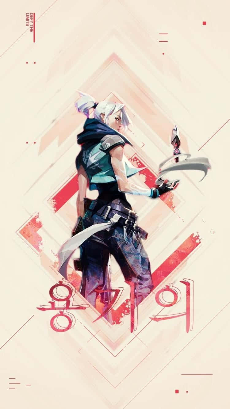 「在 Android 上體驗 Valorant 的無限可能」 壁紙 — 一位白髮動漫戰士，身穿青綠色和黑色裝備，在幾何紅色和米色背景前揮舞彎曲刀刃。