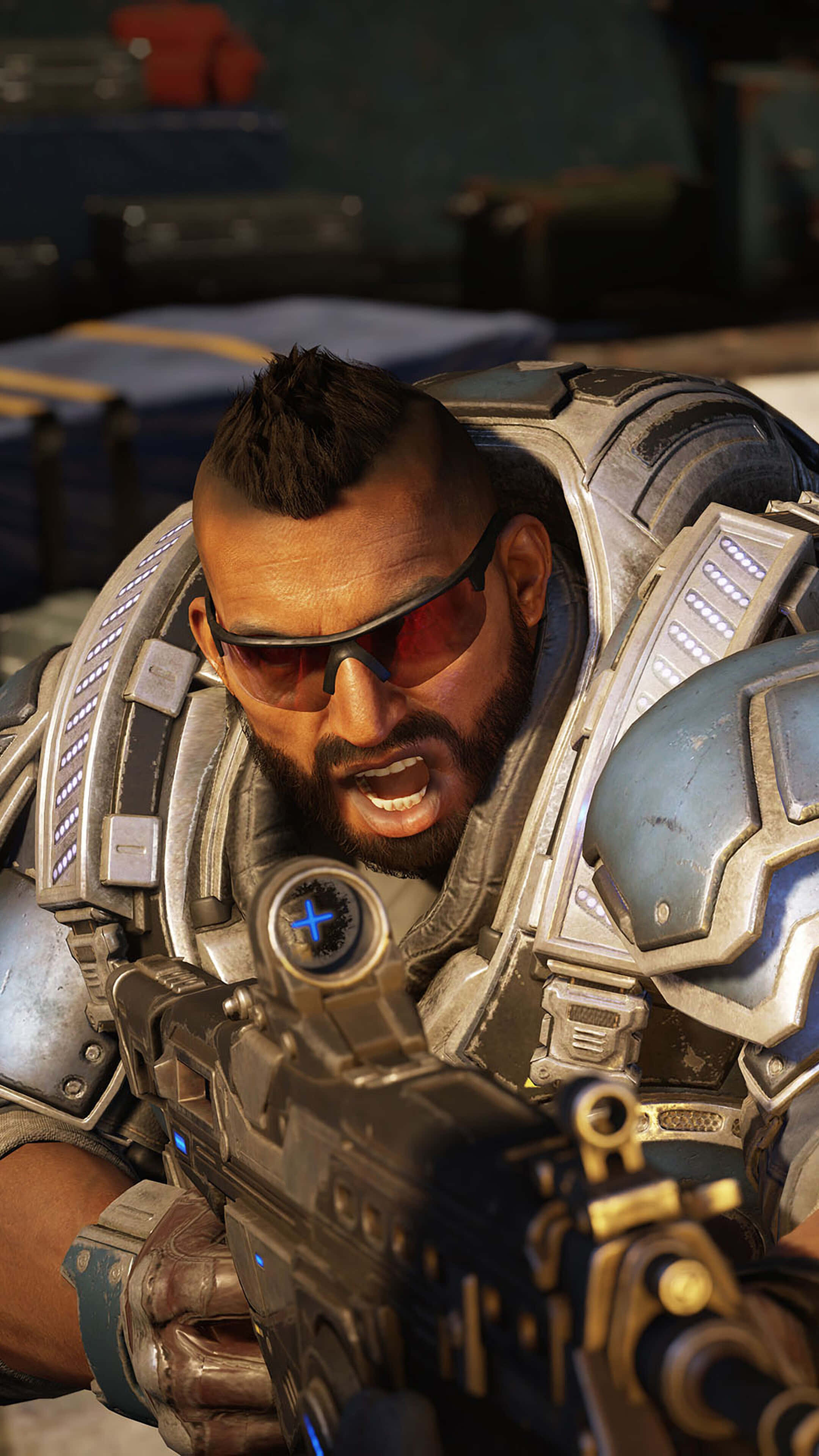 在 Android 上體驗傳奇 Gears of War 系列第五部的震撼動作 壁紙 — 一名兇猛的士兵身穿未來裝甲，在惡劣的戰鬥區域中一邊瞄準發光武器一邊吶喊。