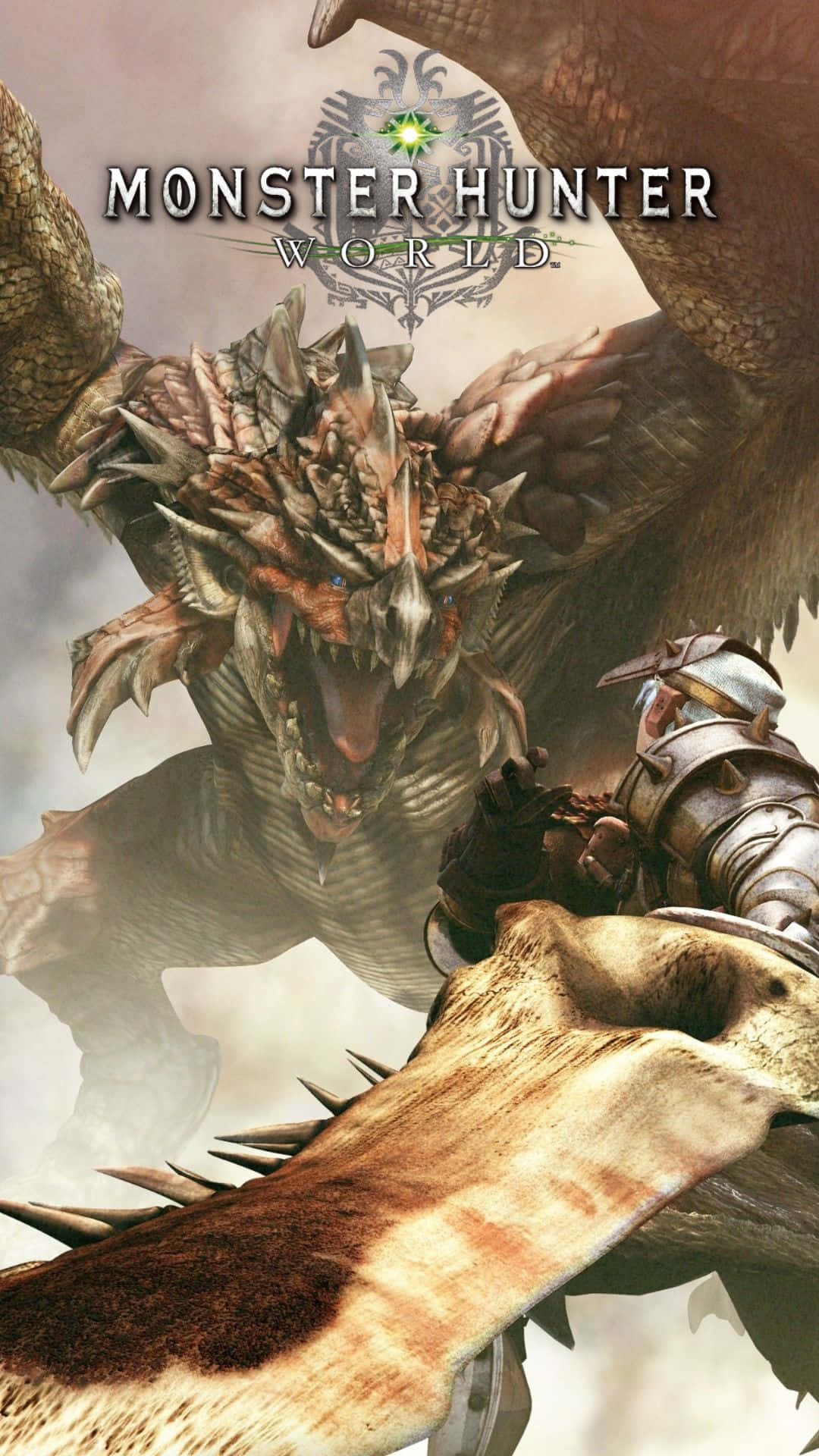 身穿盔甲的獵人在《魔物獵人 世界》遊戲封面上與巨大的尖刺怪物戰鬥。