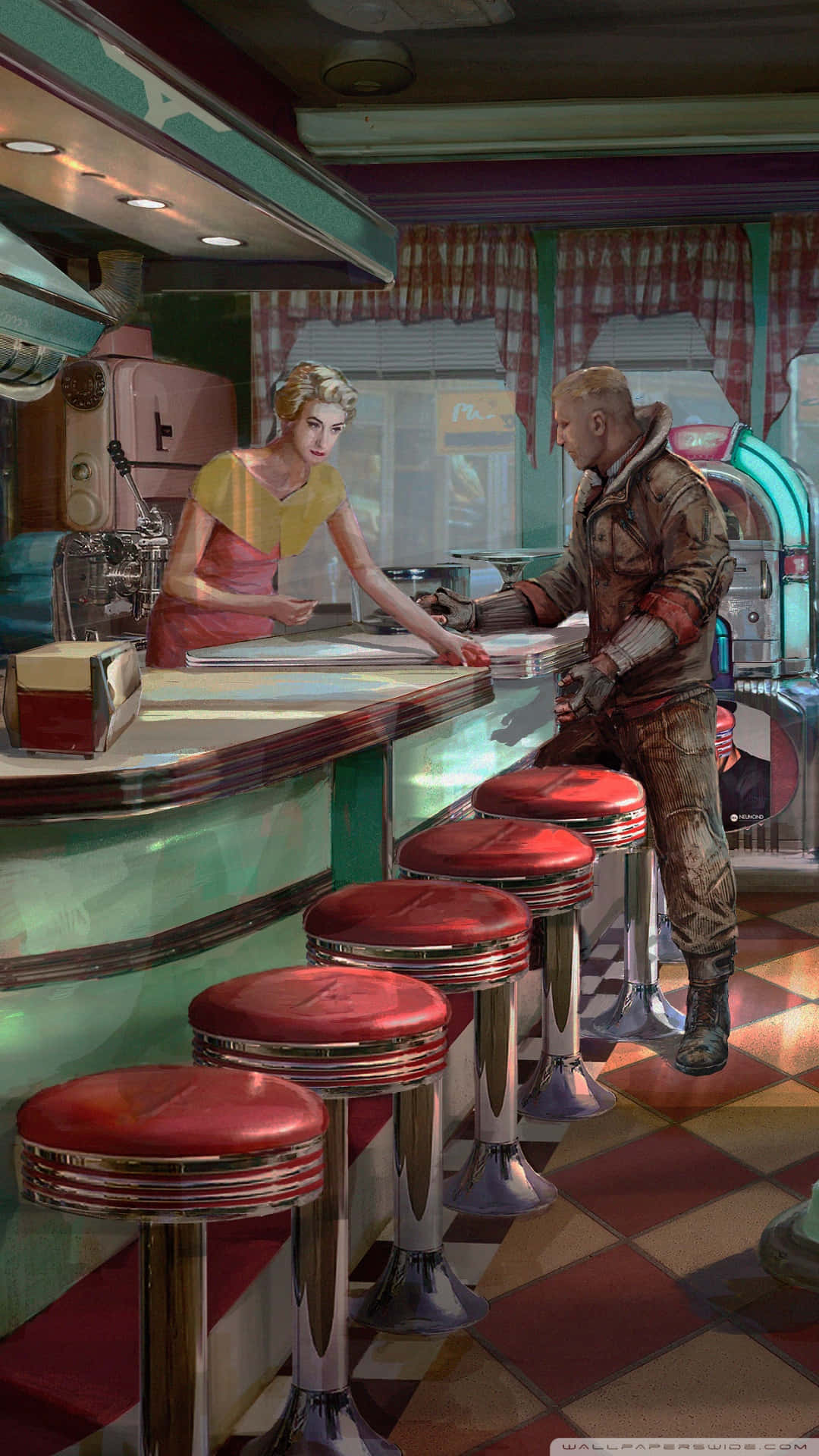 在 Android 設備上遊玩《Wolfenstein II》！ 壁紙 — 一個復古餐廳場景，一位身穿黃色連衣裙的女性在帶有紅色凳子的鉻合金櫃檯為一位粗獷的男性服務。