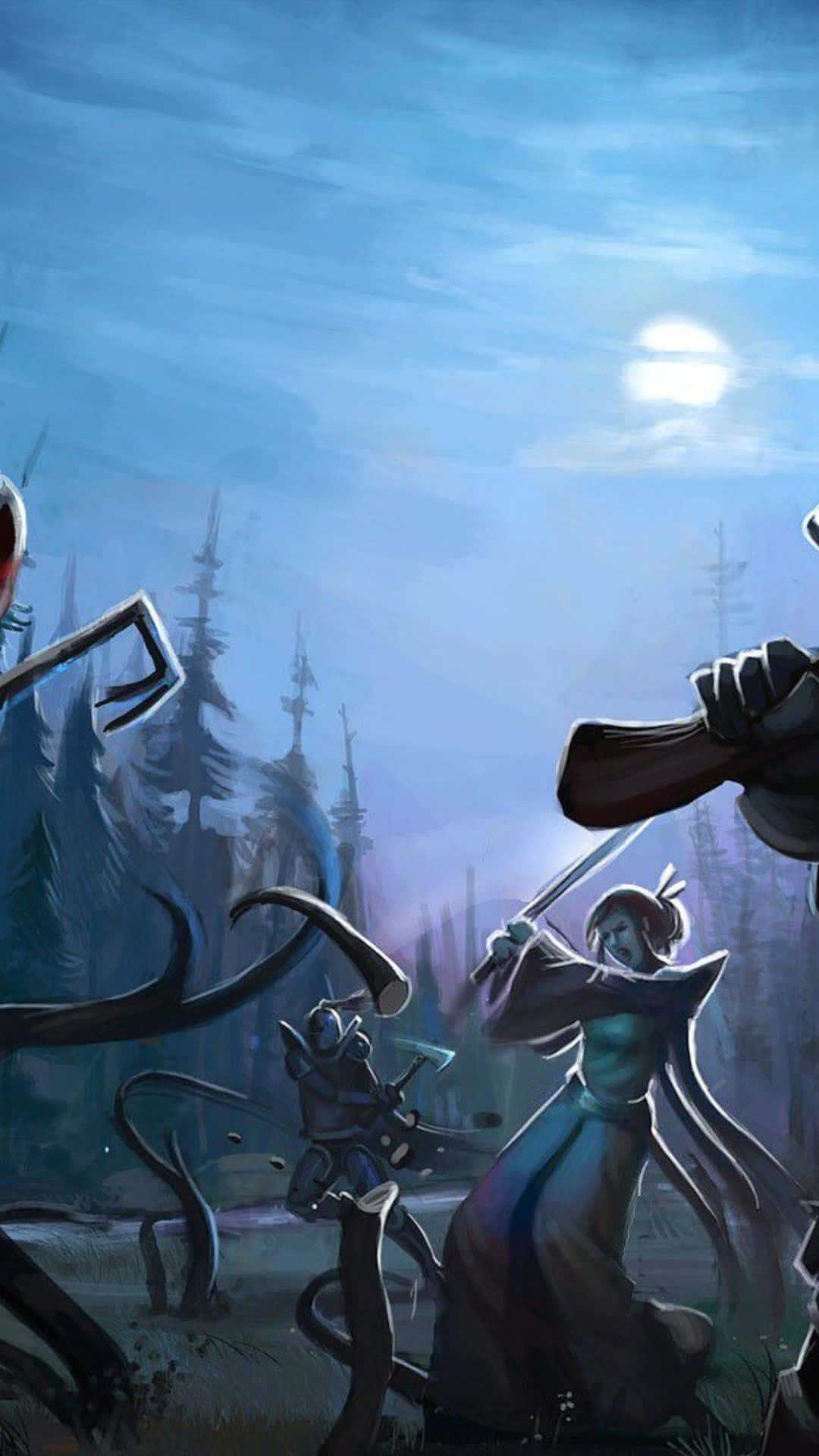 在 Android 設備上體驗經典的《RuneScape Old School》冒險 壁紙 — 一位身穿飄逸長袍的戰士在明亮的月光下，於迷霧森林中與巨大的觸手怪物戰鬥。