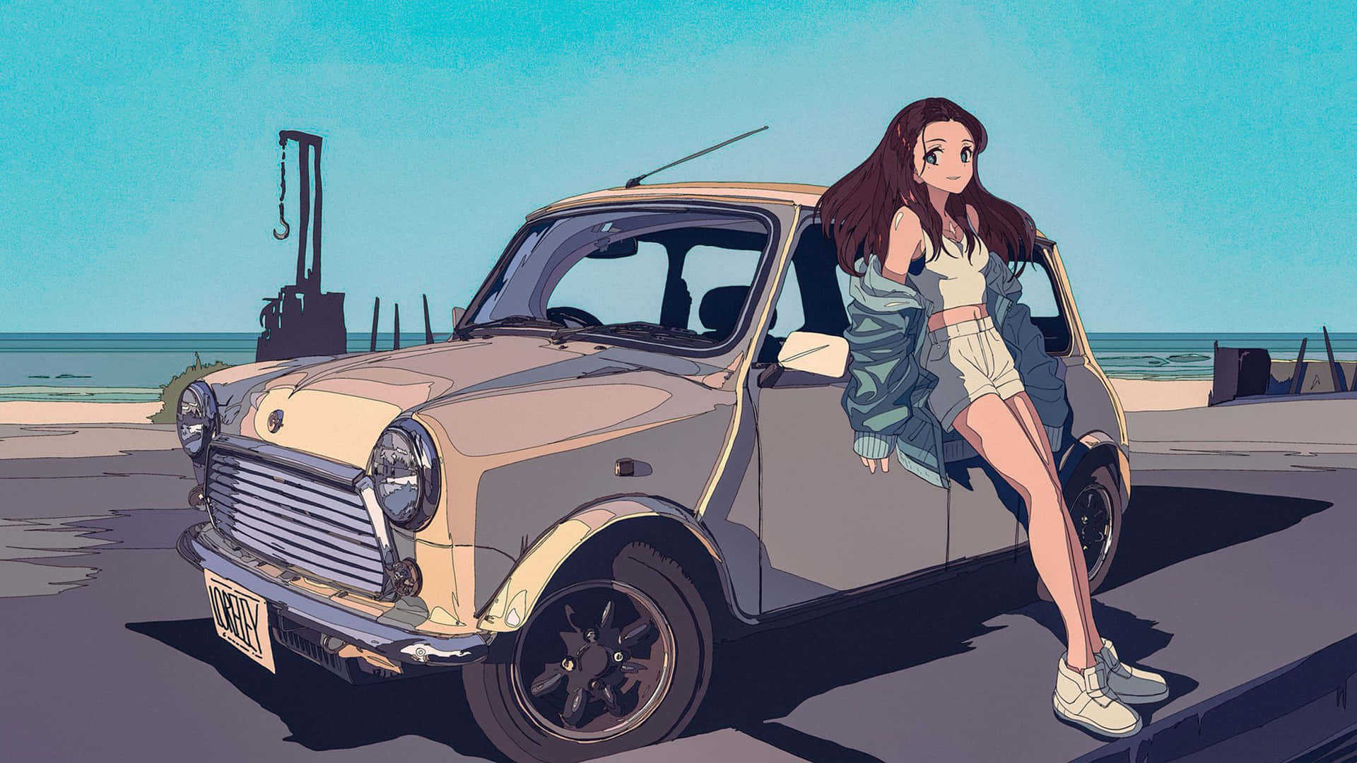 動畫女孩靠在海邊的復古迷你谷巴上