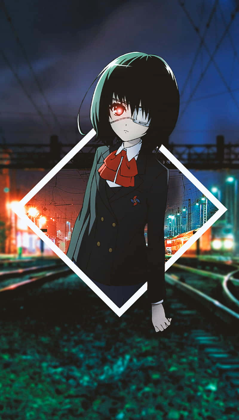 動漫女學生穿著校服，夜晚站在濕漉漉的火車軌道上，帶有發光鑽石框架。