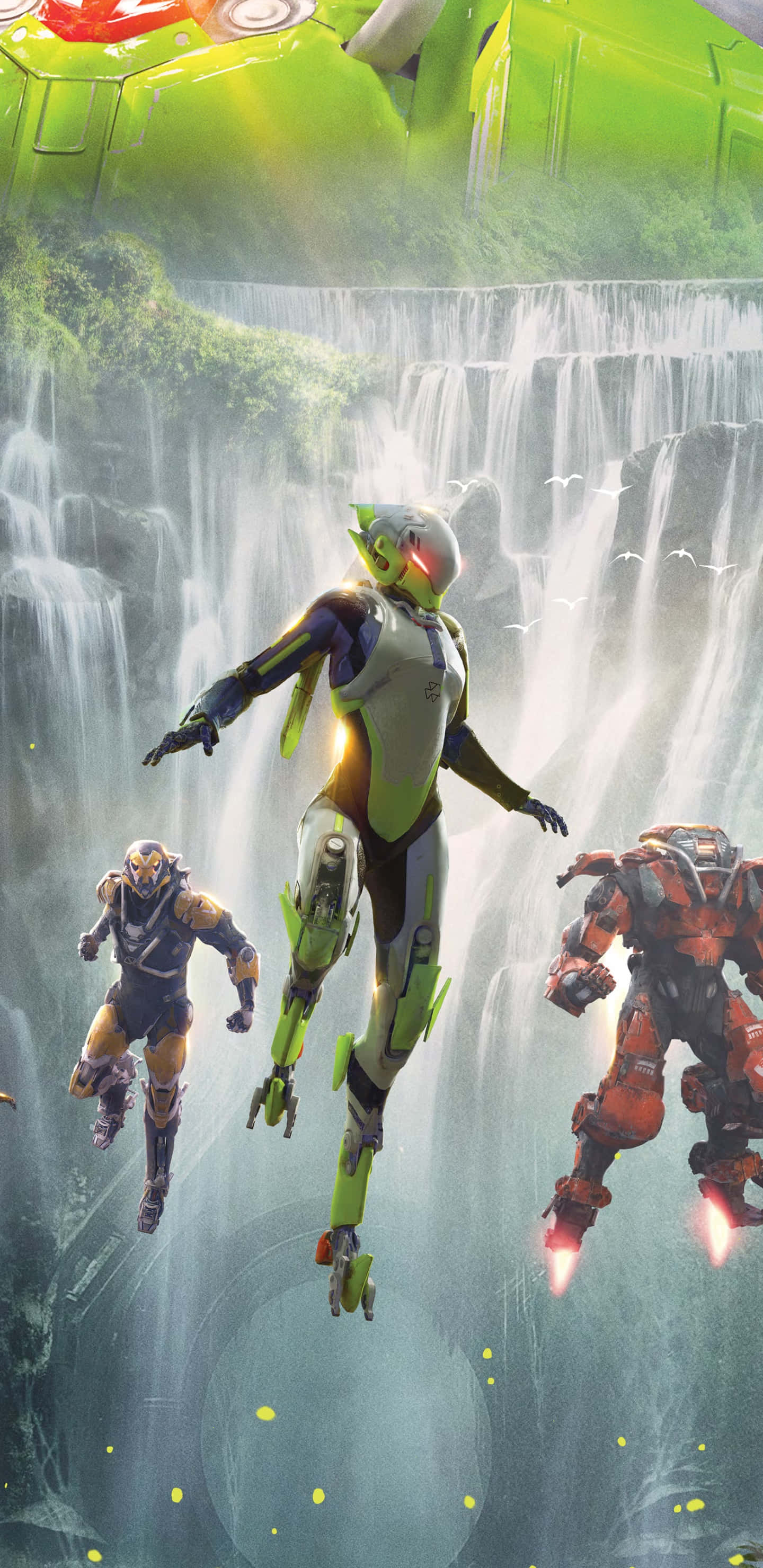 在《Anthem》中細膩探索壯麗世界 壁紙 — 三名裝甲戰士穿過霧氣瀰漫的瀑布峽谷，伴隨著發光的推進器和上方漂浮的綠色平台翱翔。