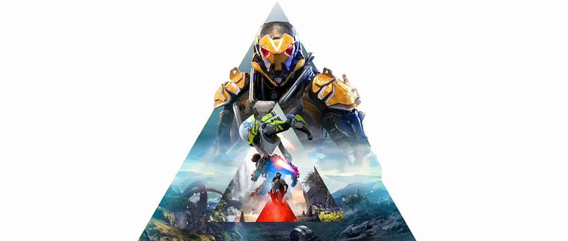 在《Anthem》中翱翔天際 壁紙 — 一位身穿金色盔甲的未来戰士站在金字塔頂端，手持發光武器，下方有一位身穿紅袍的人物，身處奇幻景觀中。