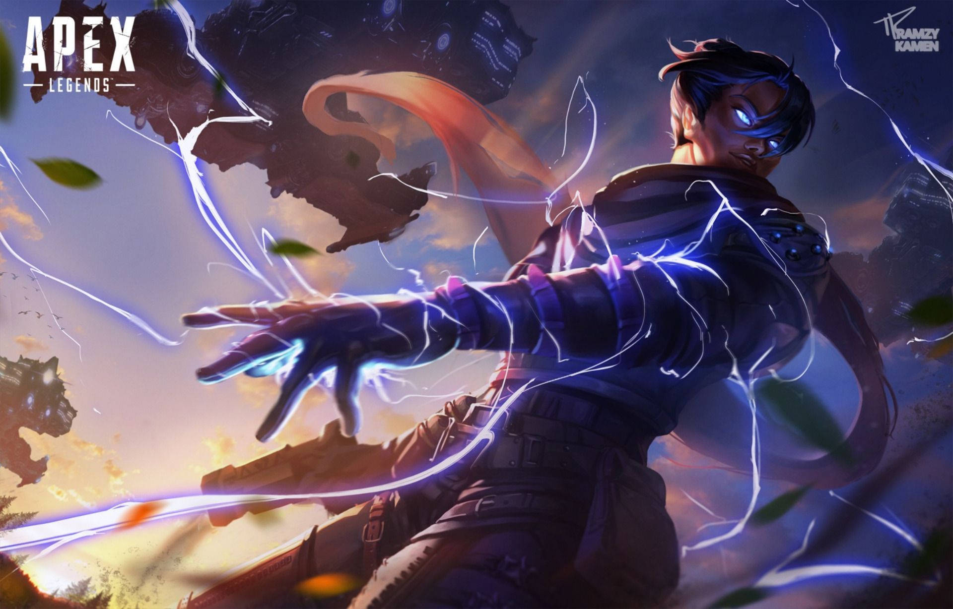Apex Legends角色在日落戰鬥場景中釋放電能。