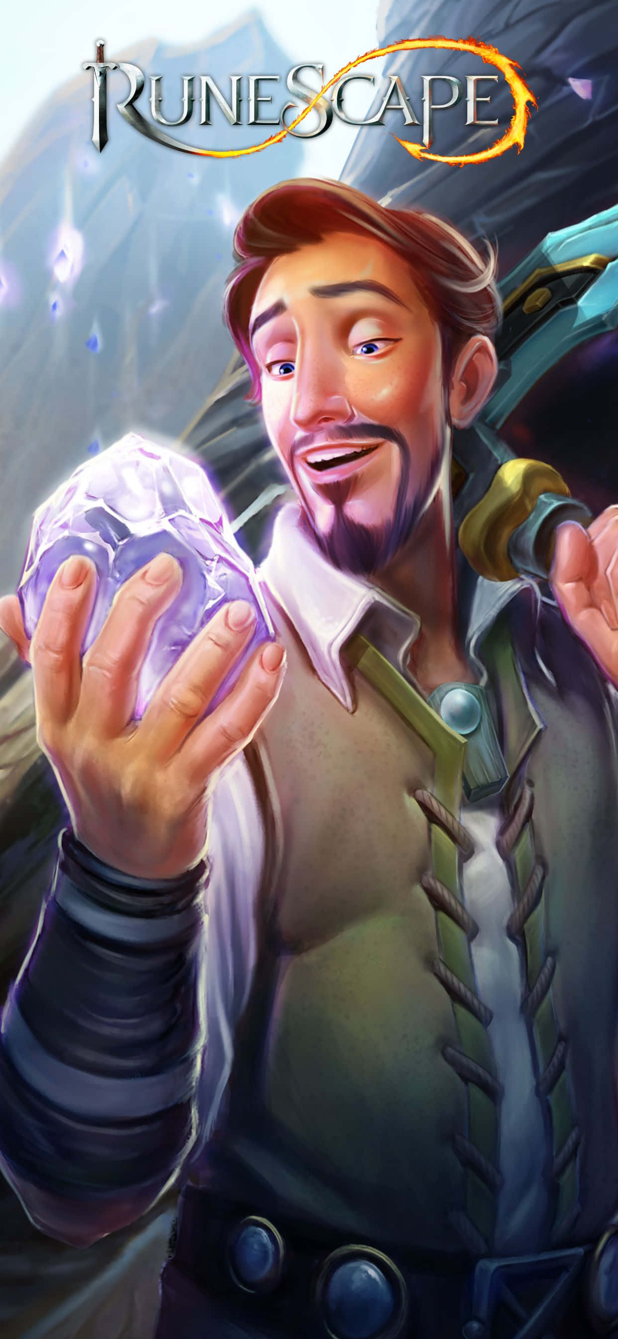 在 Apple iPhone Xs Max 上以驚艷細節體驗《RuneScape》世界 壁紙 — 一位開心的奇幻冒險家手持發光的紫色水晶，背景是神秘的山脈。