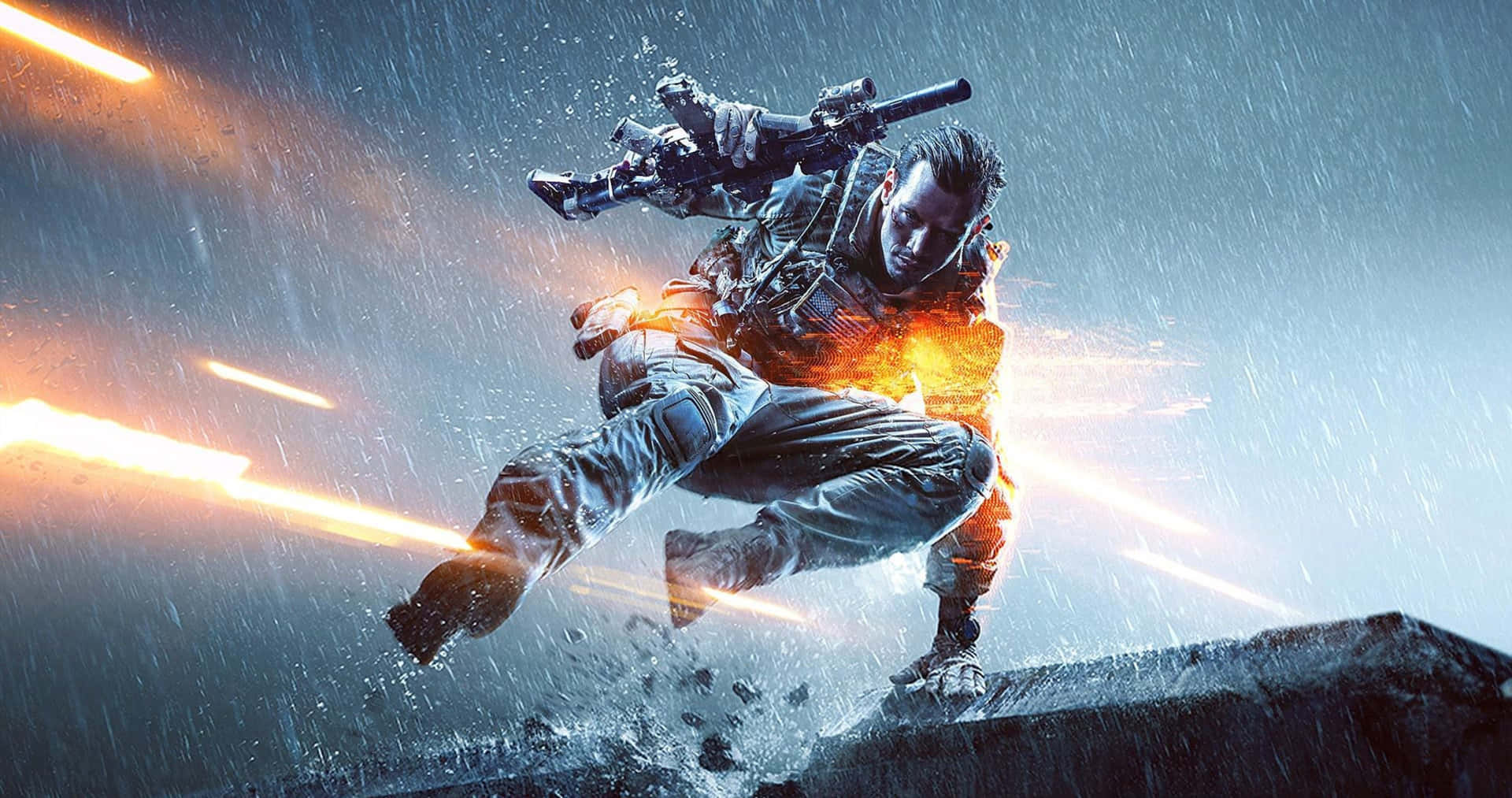 身穿戰鬥裝備的士兵持步槍躍過雨中，身後有熾熱的爆炸。