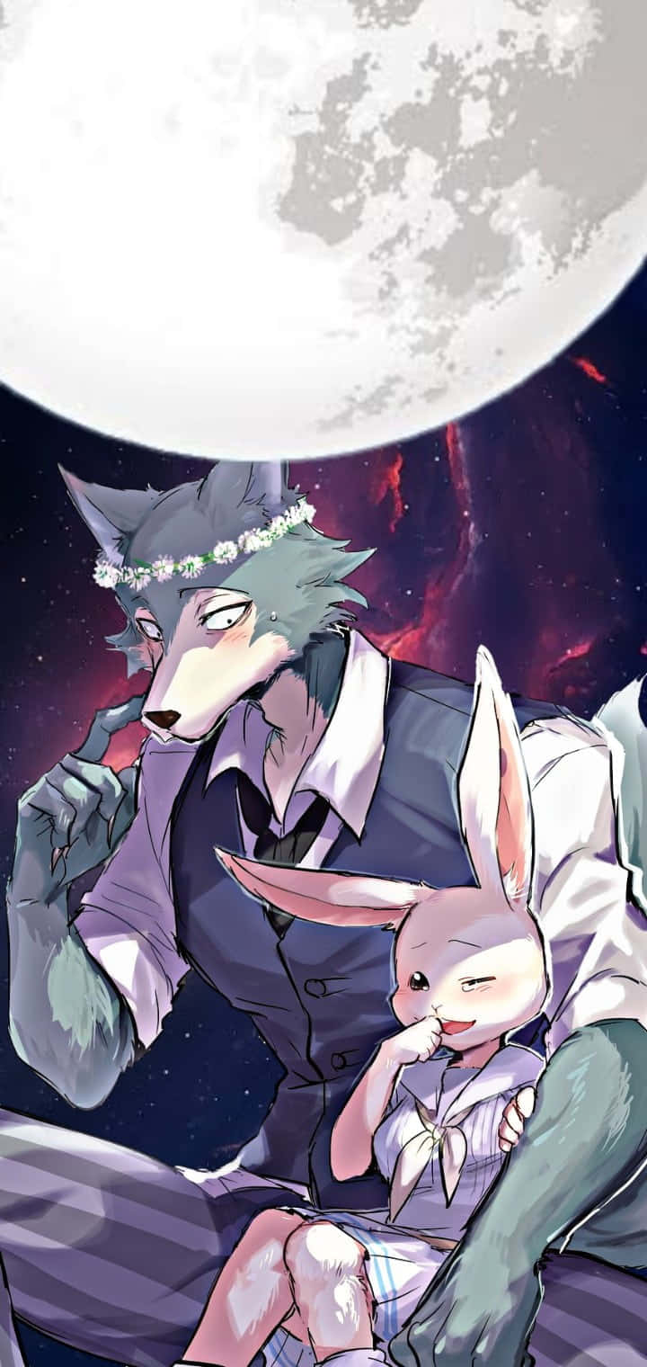 「在《Beastars》世界中求生的掙扎」 壁紙 — 一隻狼和一隻兔子穿著正裝，坐在一個巨大的月亮下，背景是宇宙紅色星雲。