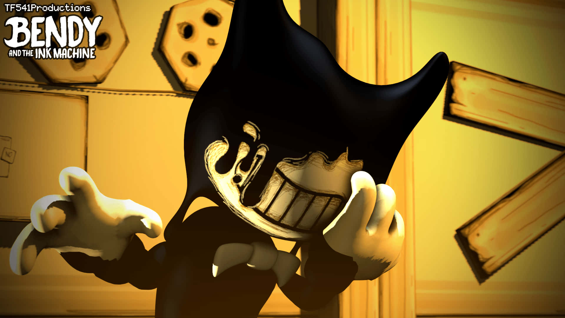 在《Bendy and the Ink Machine》的深處戰鬥 壁紙 — 一個帶有寬闊笑容和黑色墨水般身體的威脅性卡通角色，站在一個有木樑和黃色光芒的昏暗房間裡。