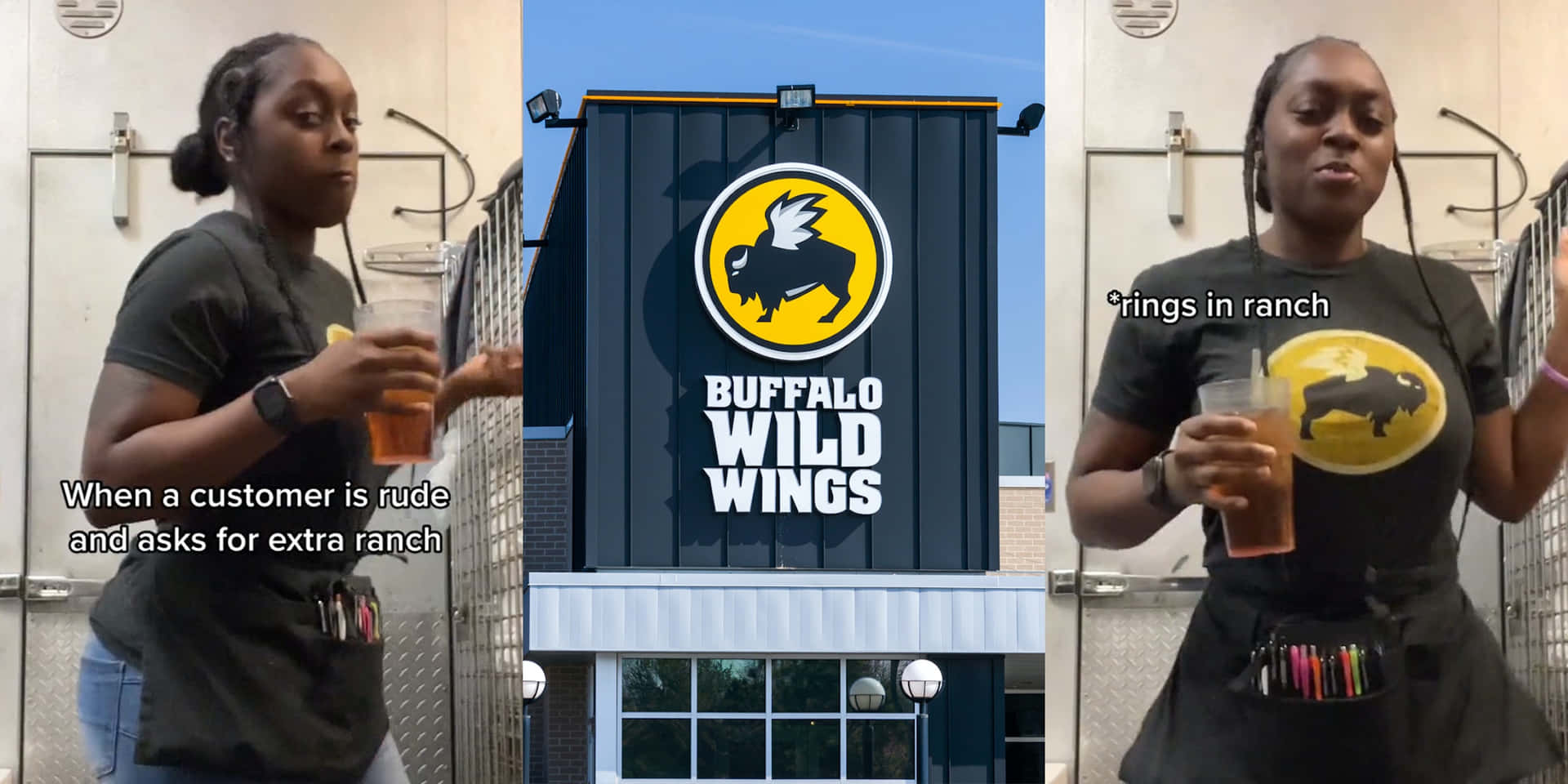Buffalo Wild Wings 嘅侍應對客人要求額外牧場醬作出反應。