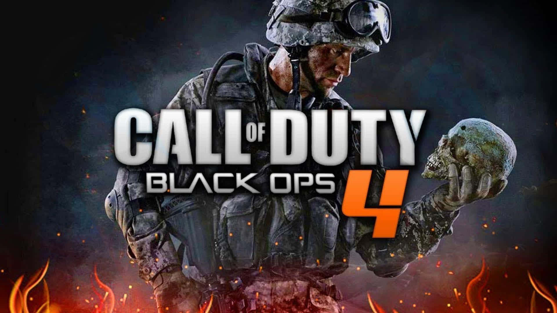 在《Call of Duty: Black Ops 4》中體驗極致多人對戰 壁紙 — 一名身穿戰術裝備的粗獷士兵在火焰背景中手持頭骨，遊戲標題顯眼地展示。