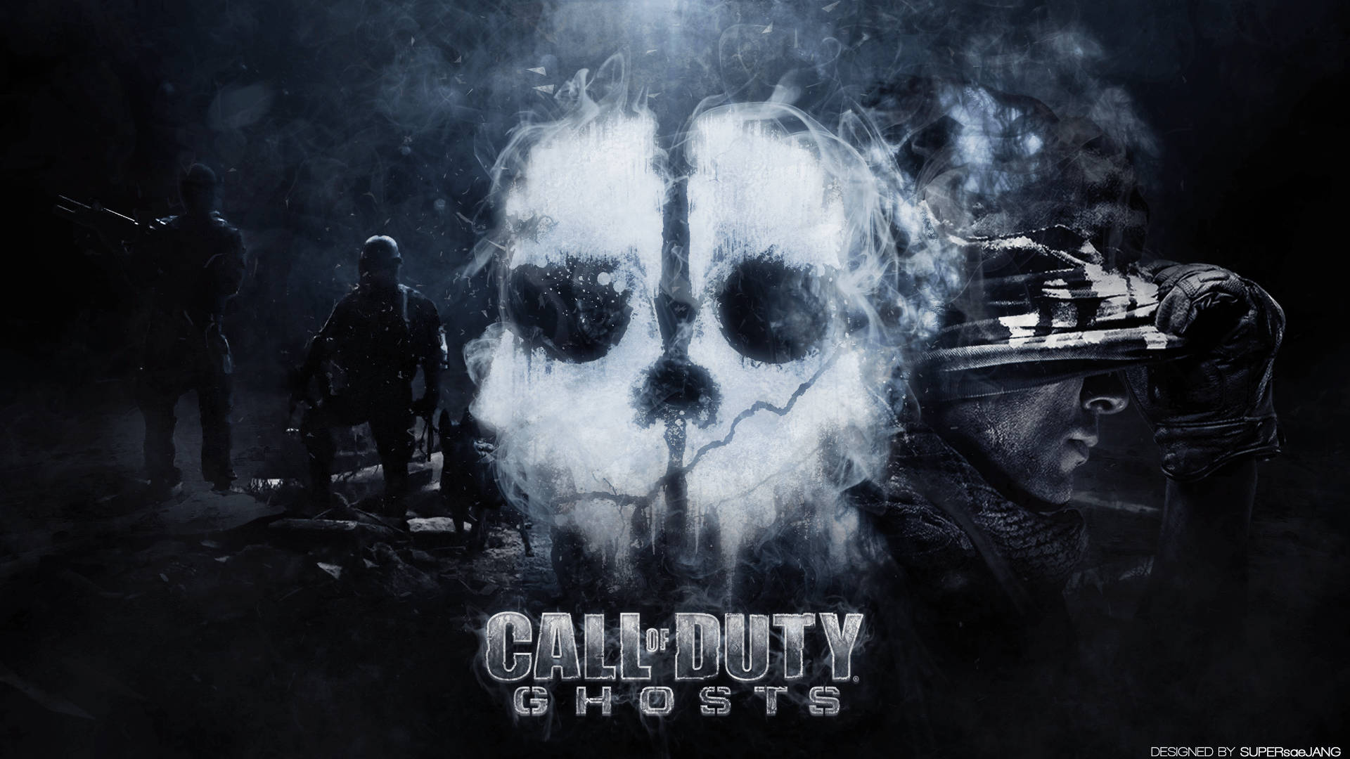 Call 桌布 壁紙 — 在《Call of Duty Ghosts》標誌下，一個幽靈般的頭骨從煙霧中浮現，士兵們站在黑暗的戰場上。