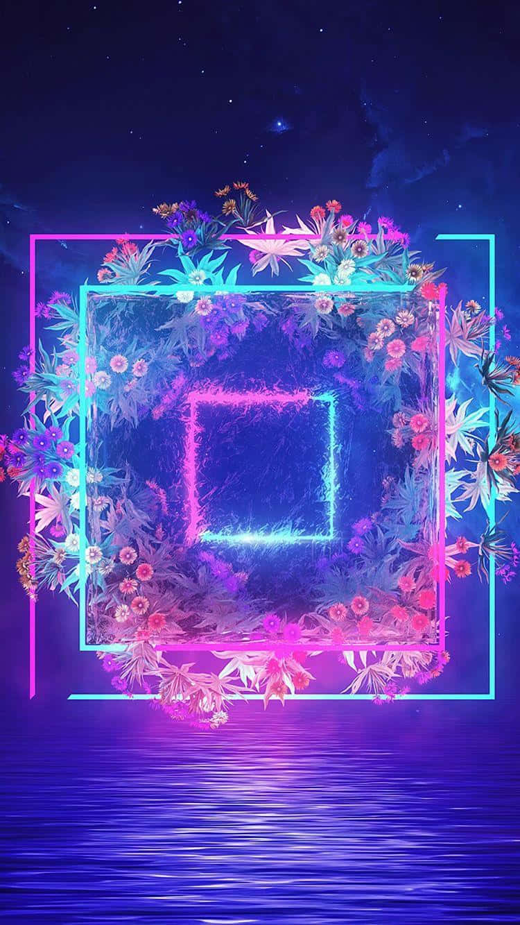 霓虹發光的方形框架，花朵漂浮在星空下的水面上。