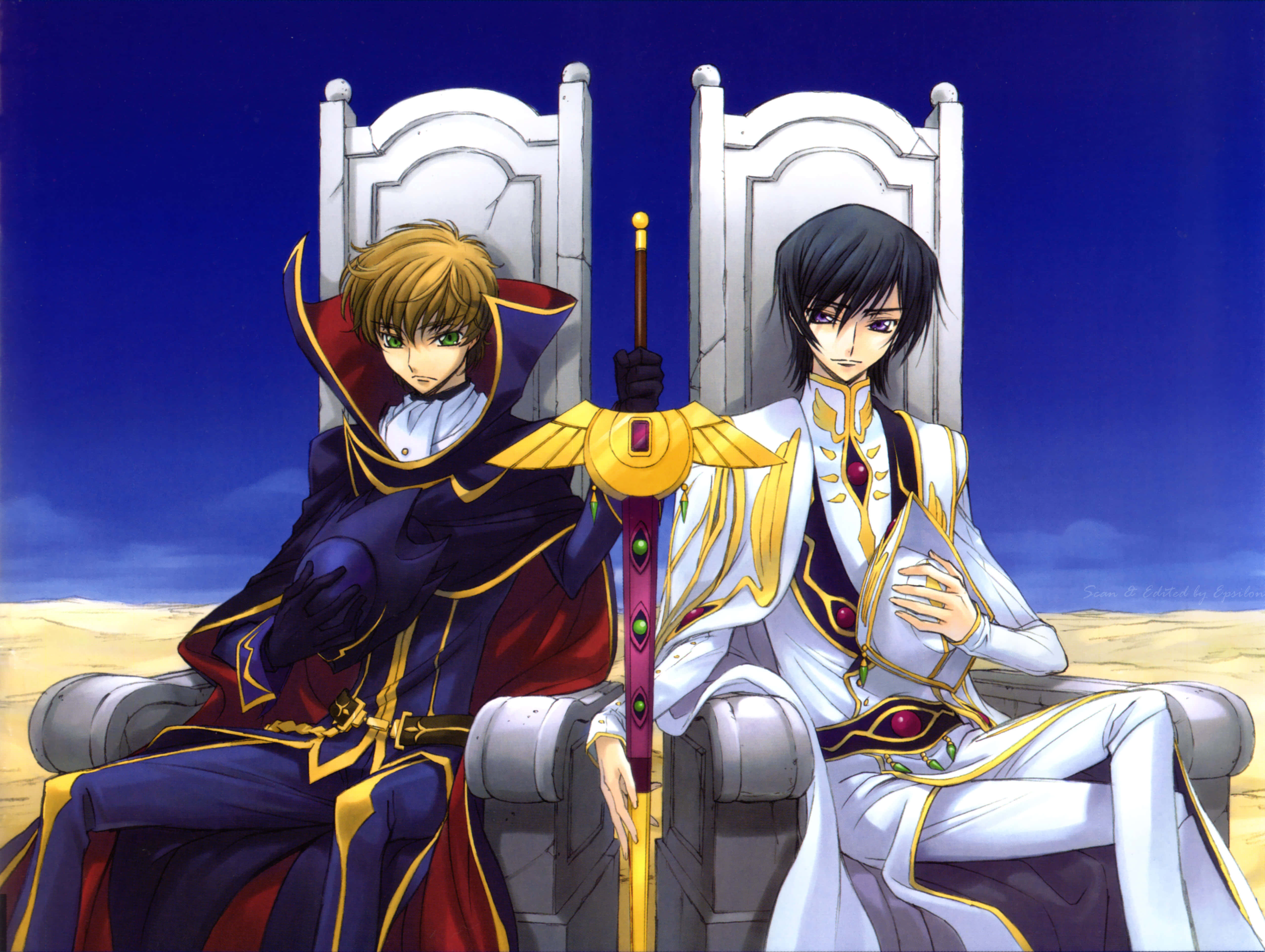 在《Code Geass》世界中克服恐懼 壁紙 — 兩個身穿華麗長袍的動漫角色坐在石王座上，手持劍，背景是深藍色的天空。