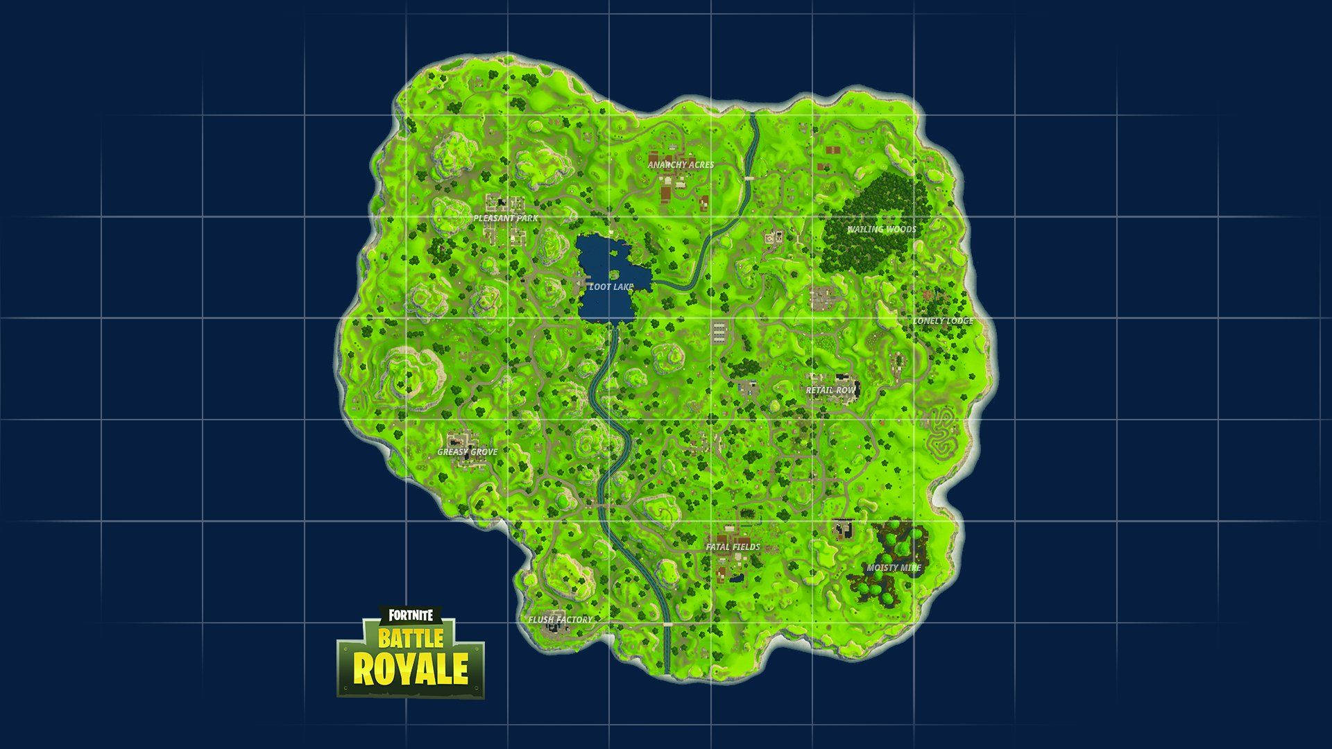 Fortnite Battle Royale遊戲地圖，有綠色地形同標記區域，喺藍色網格上。
