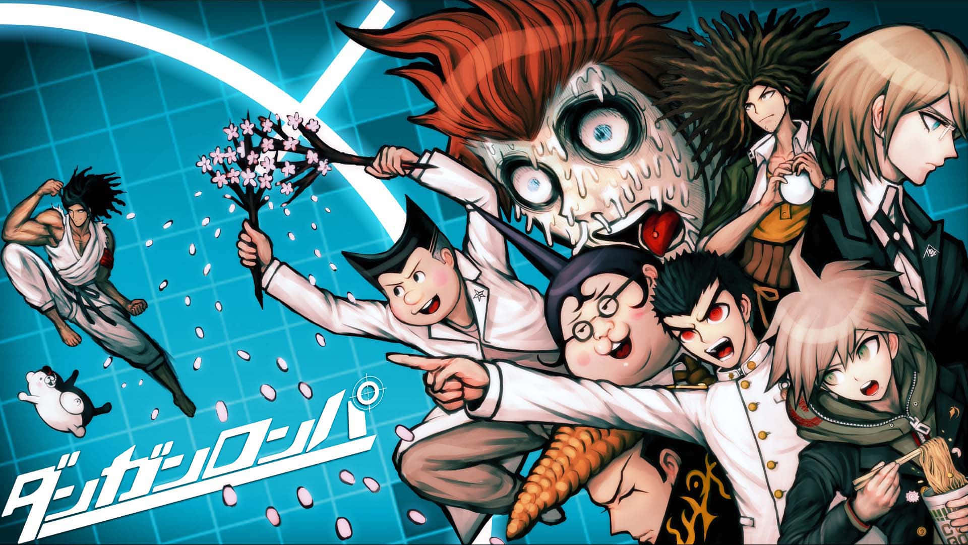 在《Danganronpa》中揭開最終真相！ 壁紙 — 一群穿著白色制服嘅動漫學生，喺發光藍色網格背景同櫻花前充滿活力咁擺姿勢。
