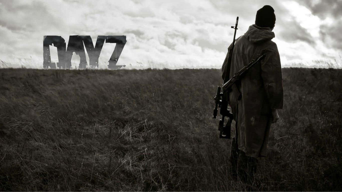 一名手持步槍的士兵站在田野中，天空出現DAYZ這個詞。