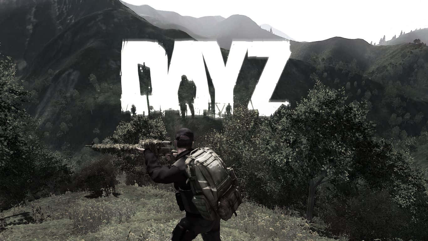 士兵在山地遊戲場景中瞄準步槍，帶有DAYZ文字。