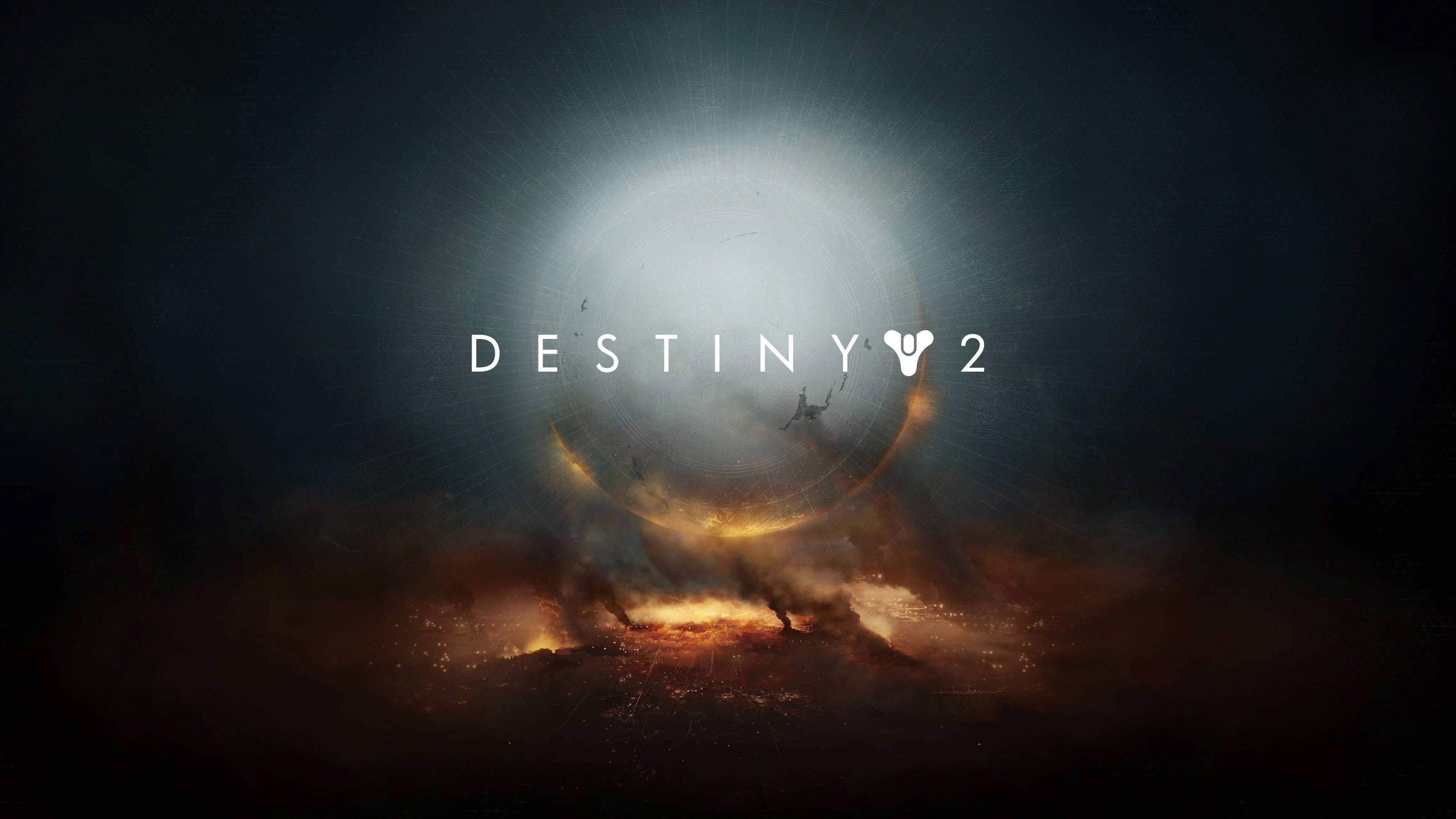 在《Destiny 2：Shadowkeep》中超越黑暗 壁紙 — 一個發光的宇宙球體在熾熱的外星景觀上方散發光芒，遊戲標題 Destiny 2 以白色居中。